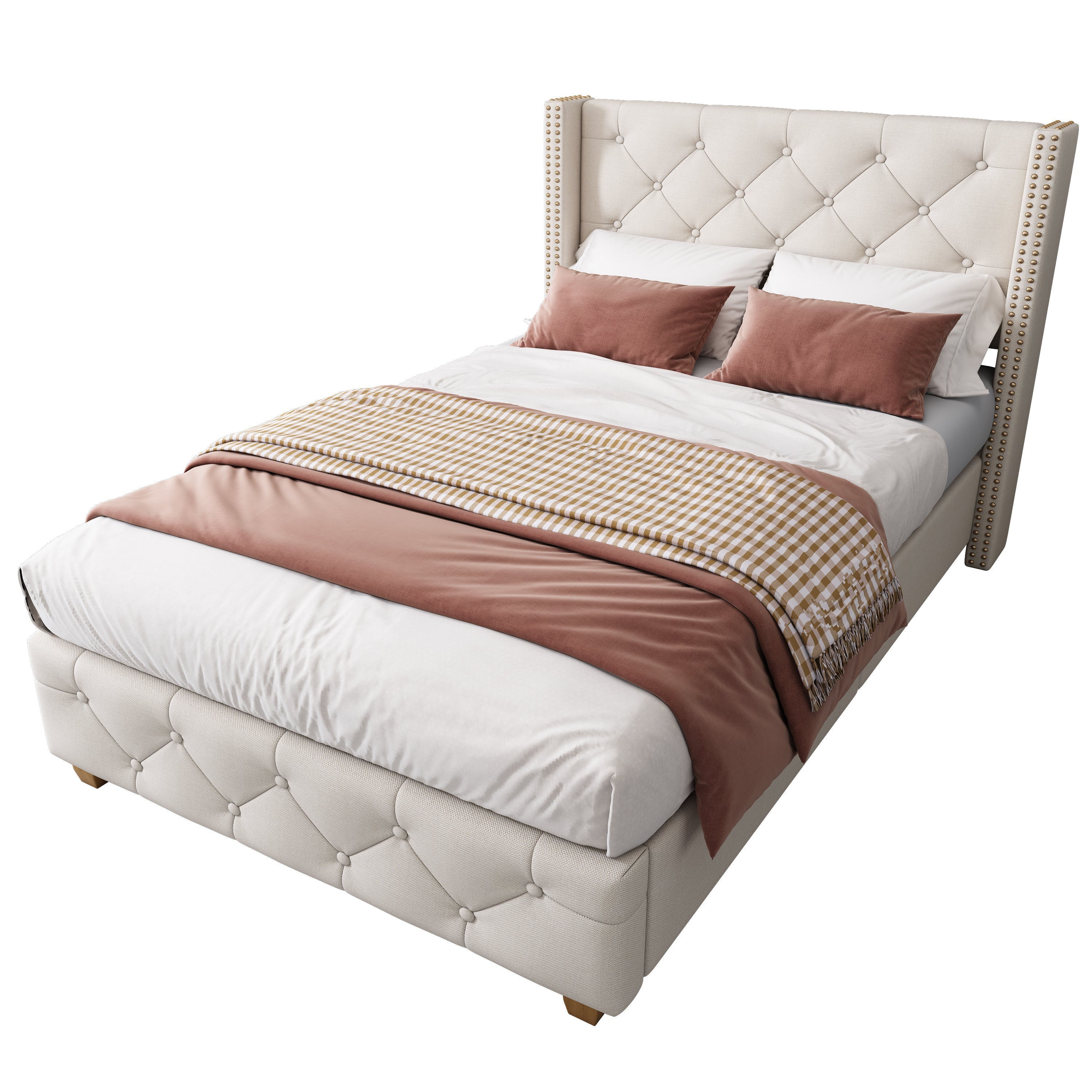 Upholstered Bed with Slatted Frame and Headboard, 90x200cm, Beige Linen