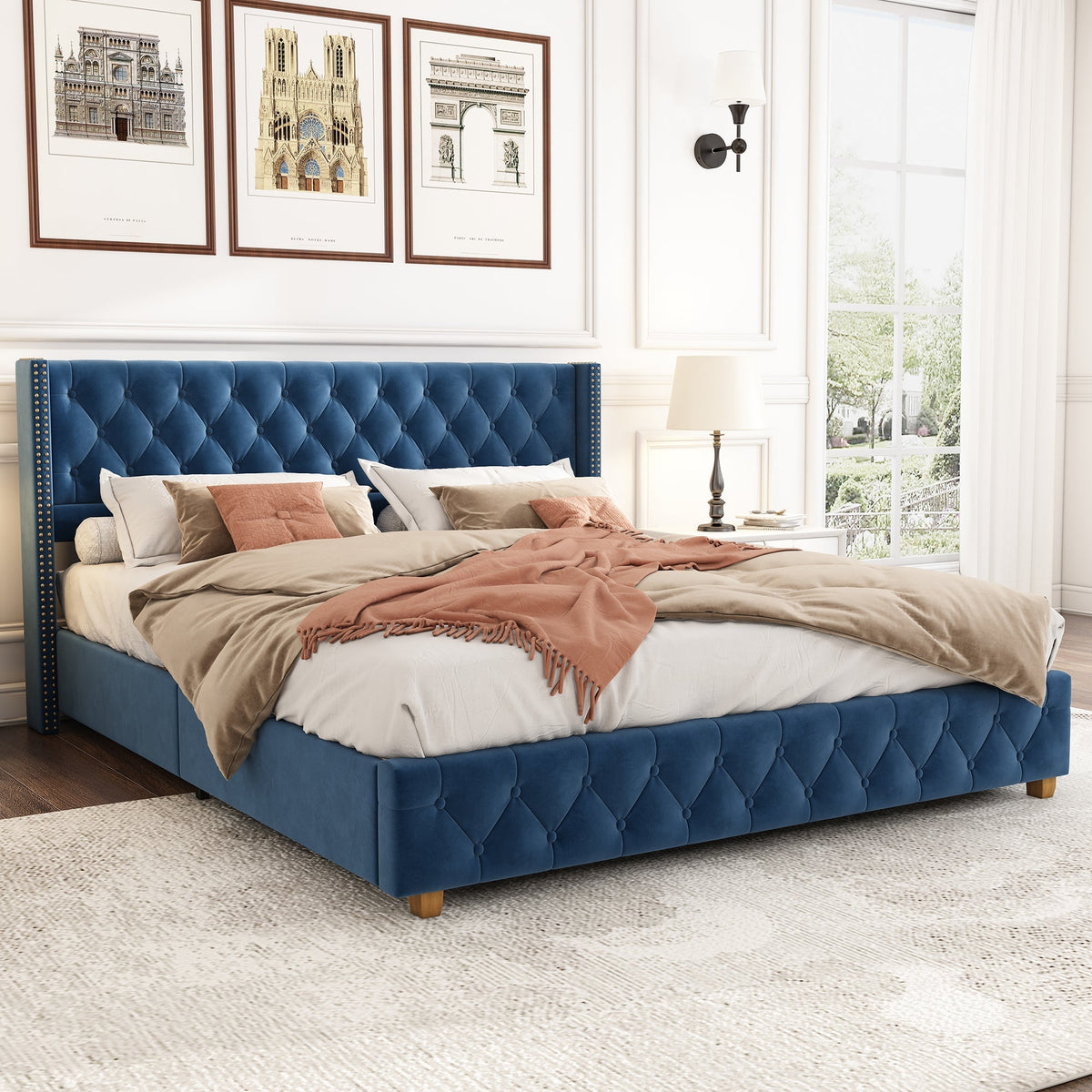 Upholstered Bed 160x200cm Button & Studded Headboard - Velvet Blue