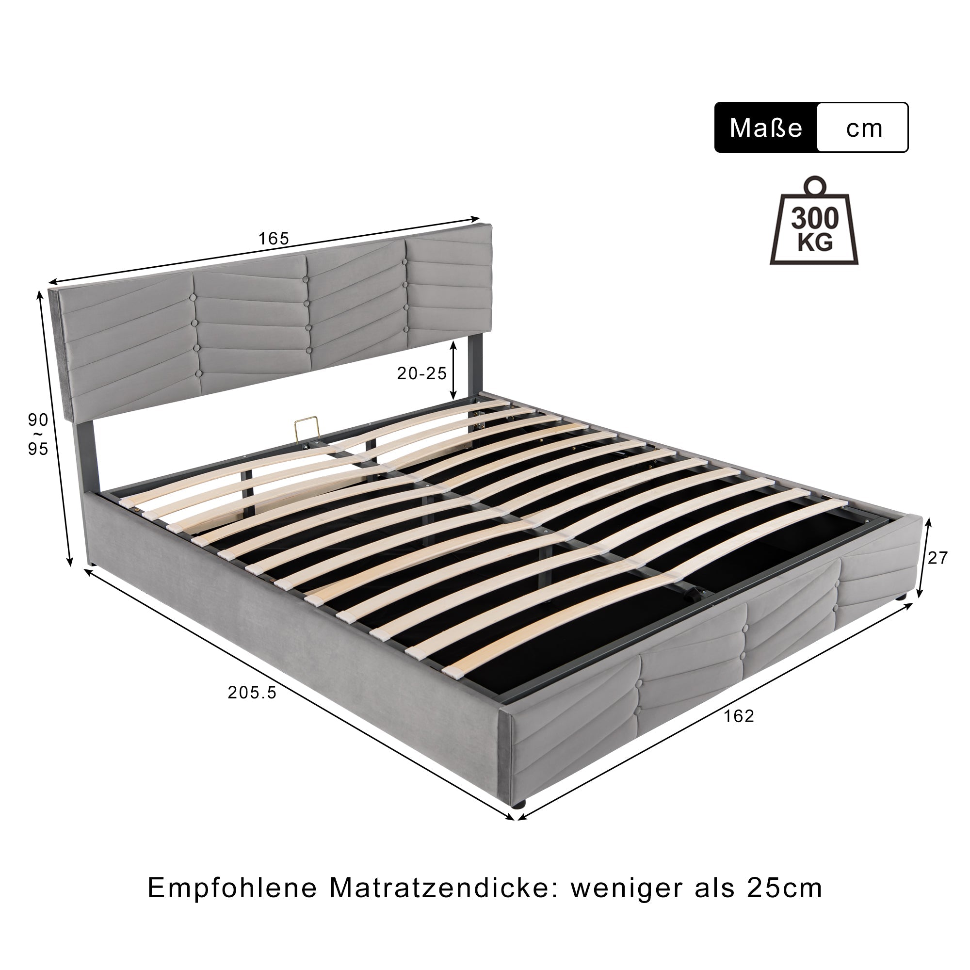 Upholstered Double Bed with Hydraulic Storage and Adjustable Headboard, 160x200cm, Grey Velvet