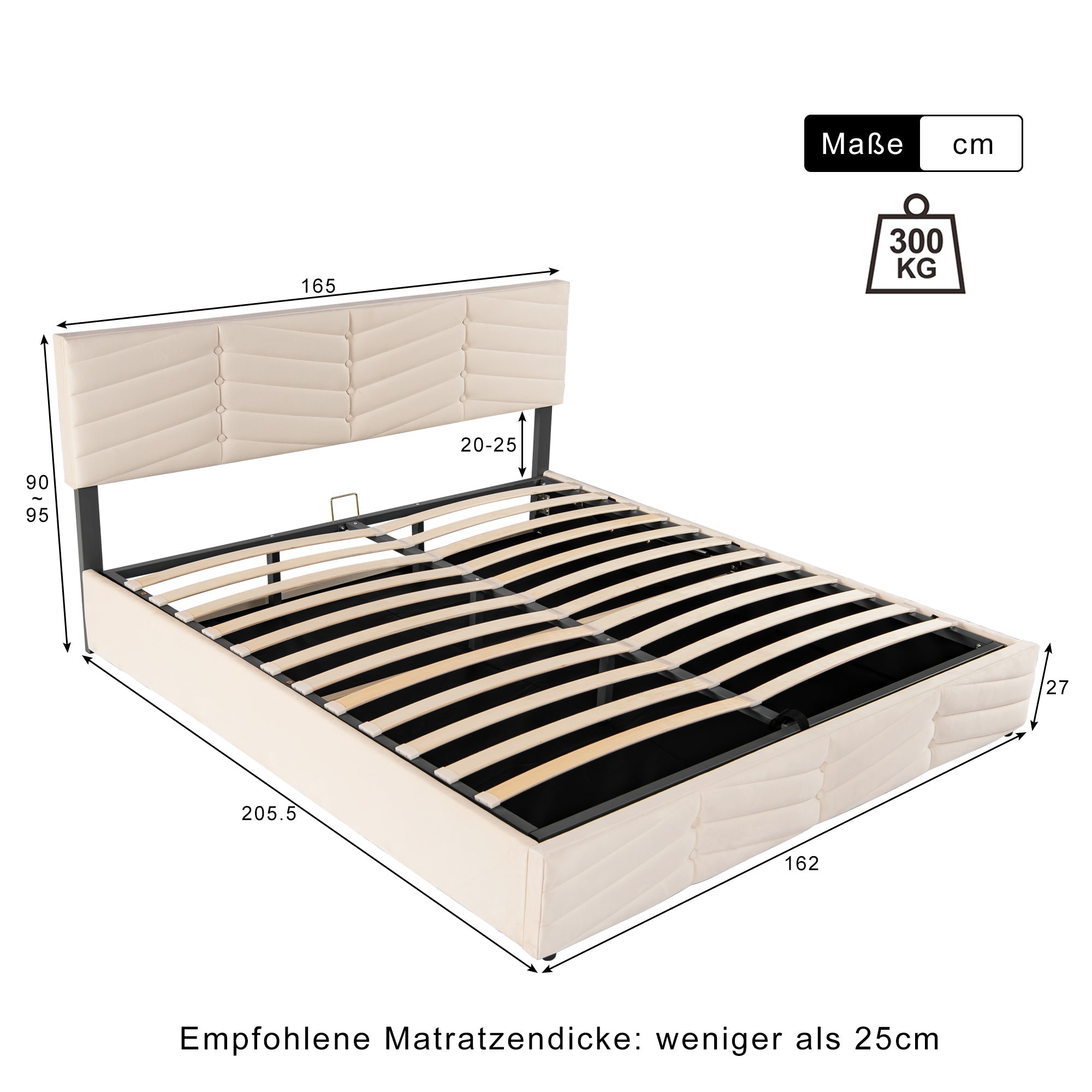 Upholstered Double Bed 160x200 Hydraulic Functional with Height-Adjustable Headboard, Striped Continental Style - Velvet Beige