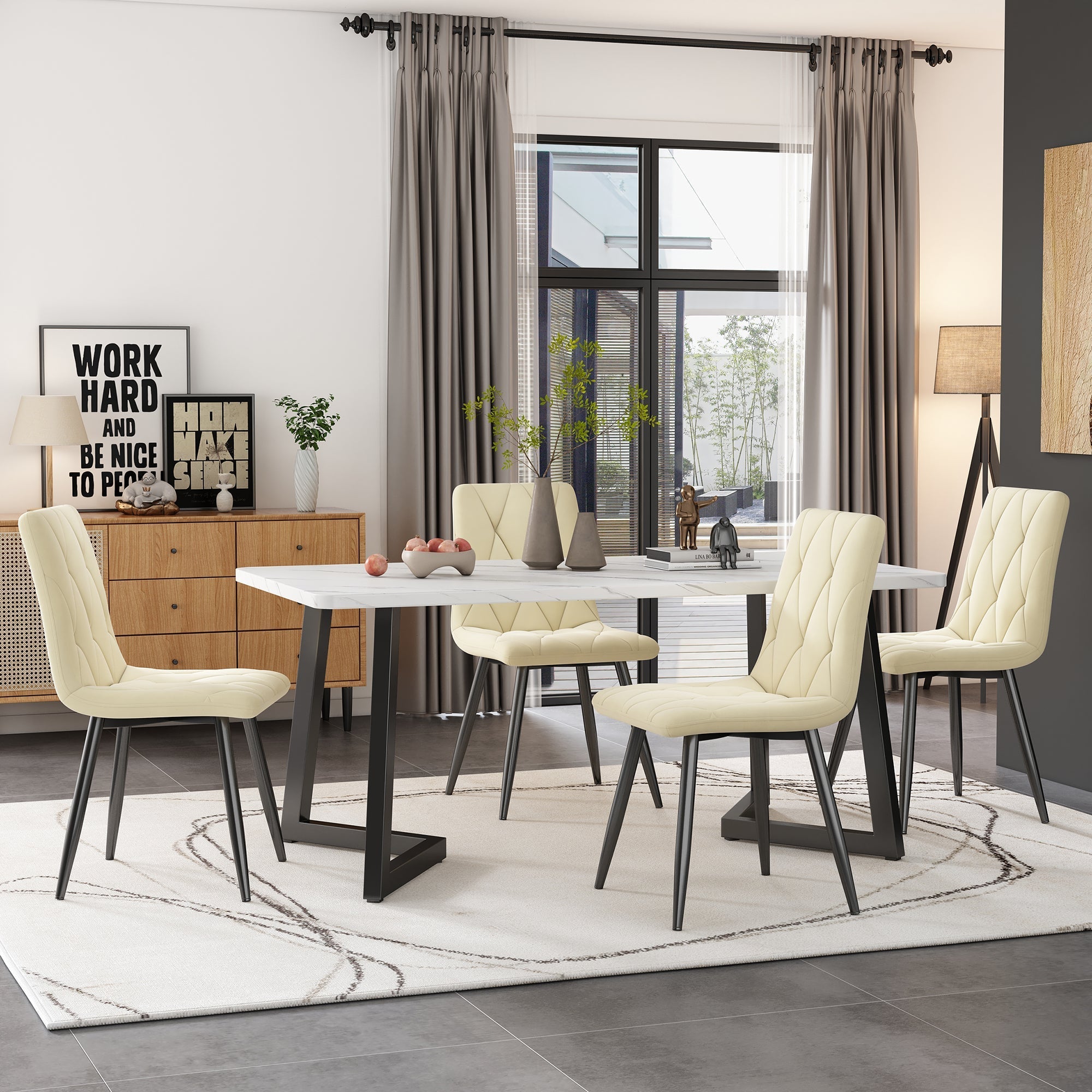 Dining Chair Set of 4 Upholstered Twill Velvet with Backrest Metal Legs Beige