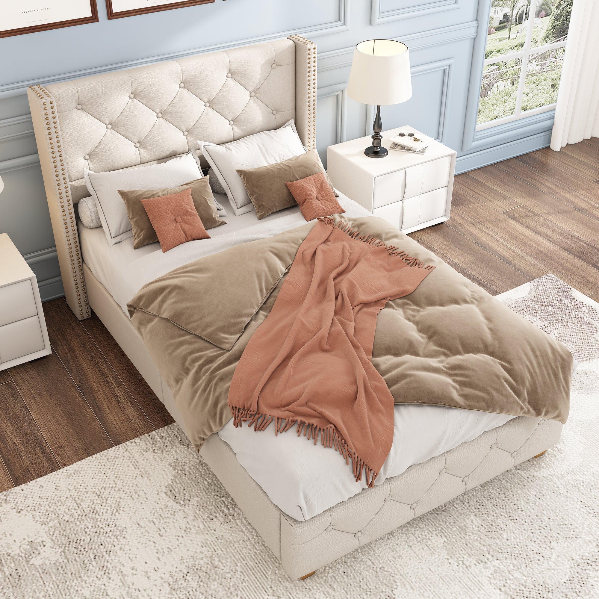 Upholstered Bed with Slatted Frame and Headboard, 90x200cm, Beige Linen