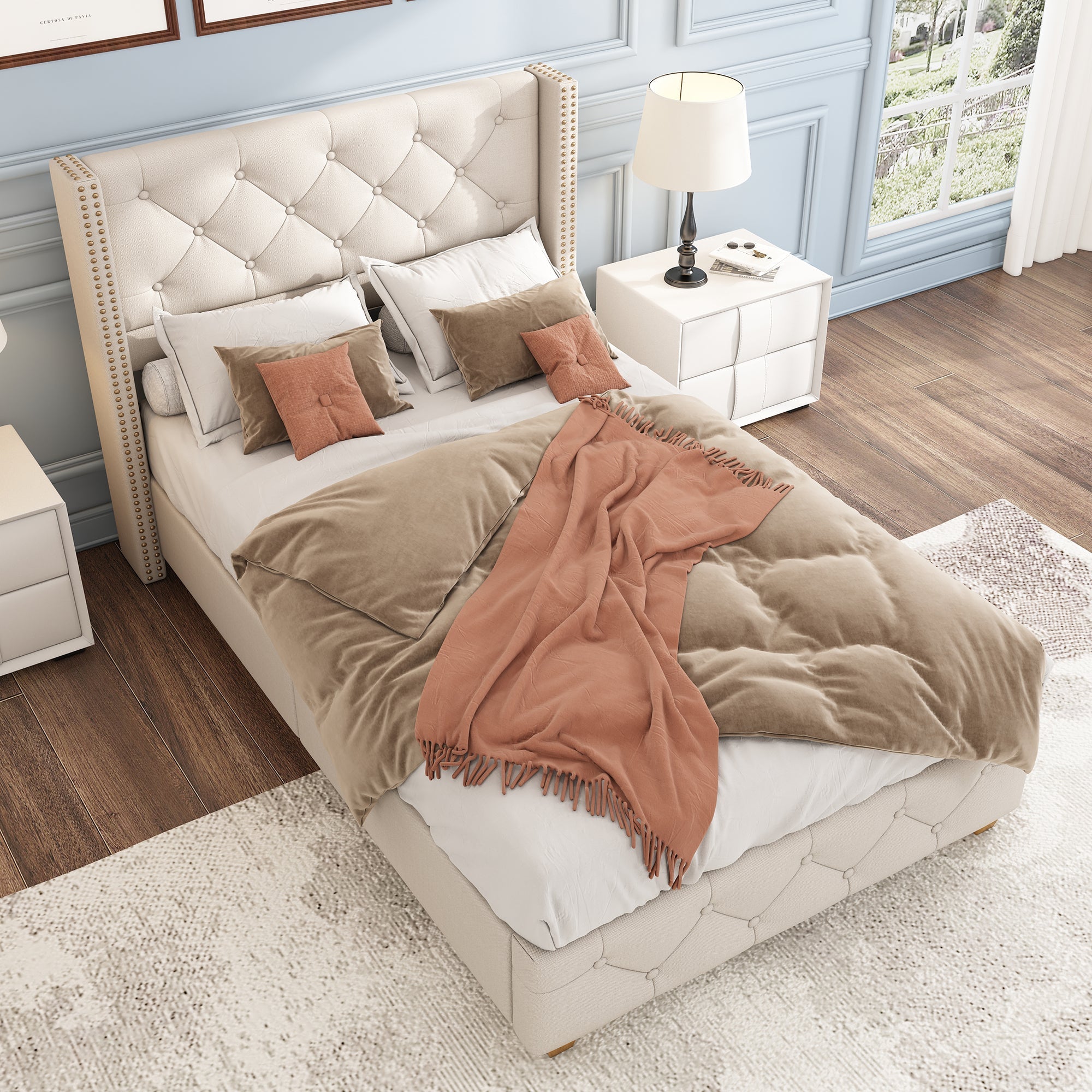 Upholstered Bed with Slatted Frame and Headboard, 90x200cm, Beige Linen