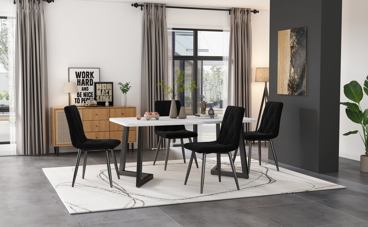Dining Chair Set of 4 - Upholstered Designer Backrest Metal Frame - Twill Velvet Black