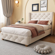 Upholstered Bed with Slatted Frame and Headboard, 90x200cm, Beige Linen
