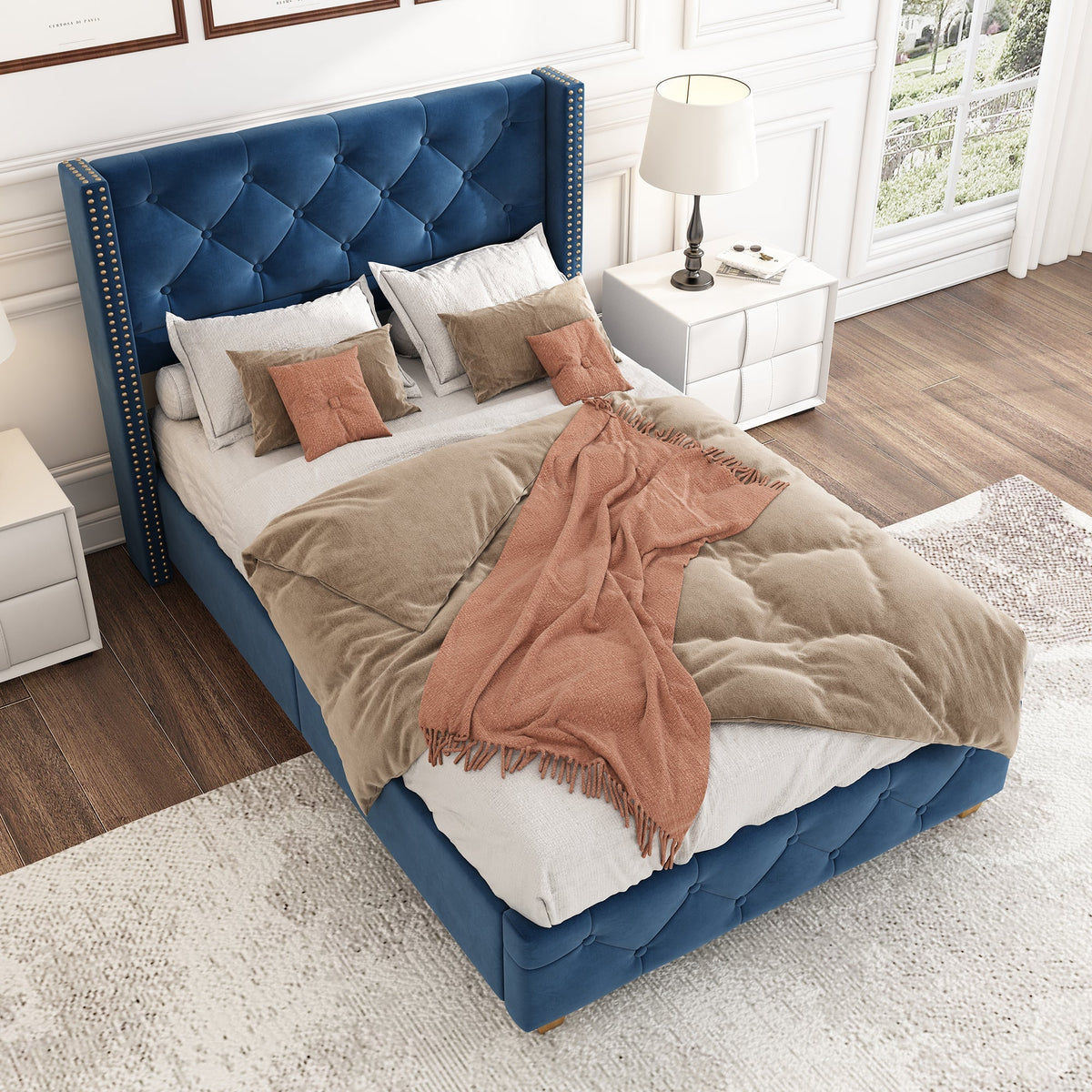 Upholstered Bed 90x200cm Slatted Frame Headboard Button Studded Upholstery Velvet Blue