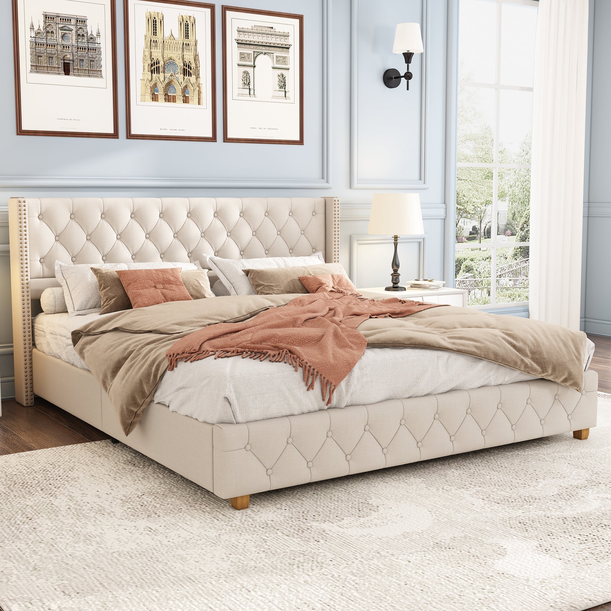Upholstered Bed 160x200cm Button Studded Headboard Slatted Frame - Linen Beige