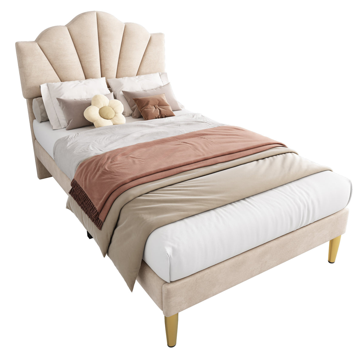 Upholstered Bed 90x200cm Shell Headboard Height-Adjustable Golden Iron Legs Velvet Beige