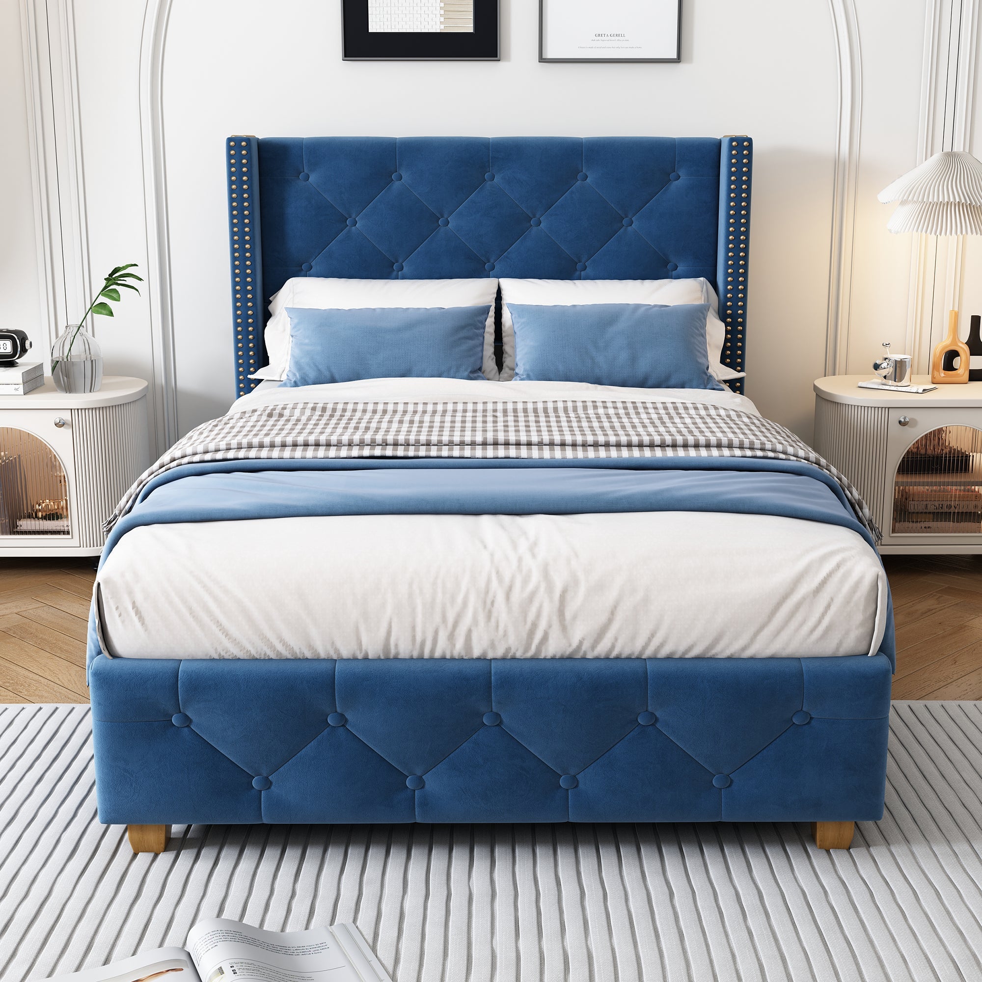 Upholstered Bed with Headboard and Slatted Frame, 90x200cm, Blue Velvet
