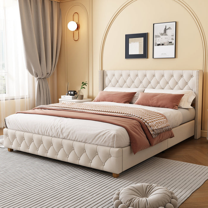 Upholstered Bed 180x200cm with Headboard, Button & Studded Upholstery, Linen Beige