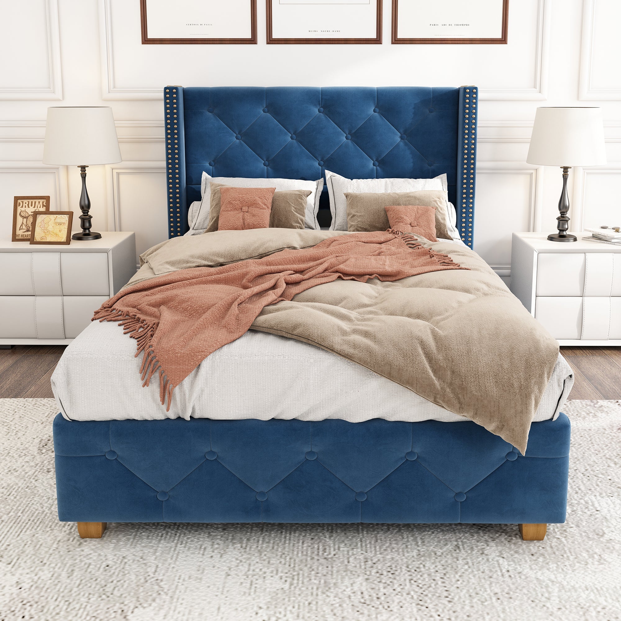 Upholstered Bed with Headboard and Slatted Frame, 90x200cm, Blue Velvet