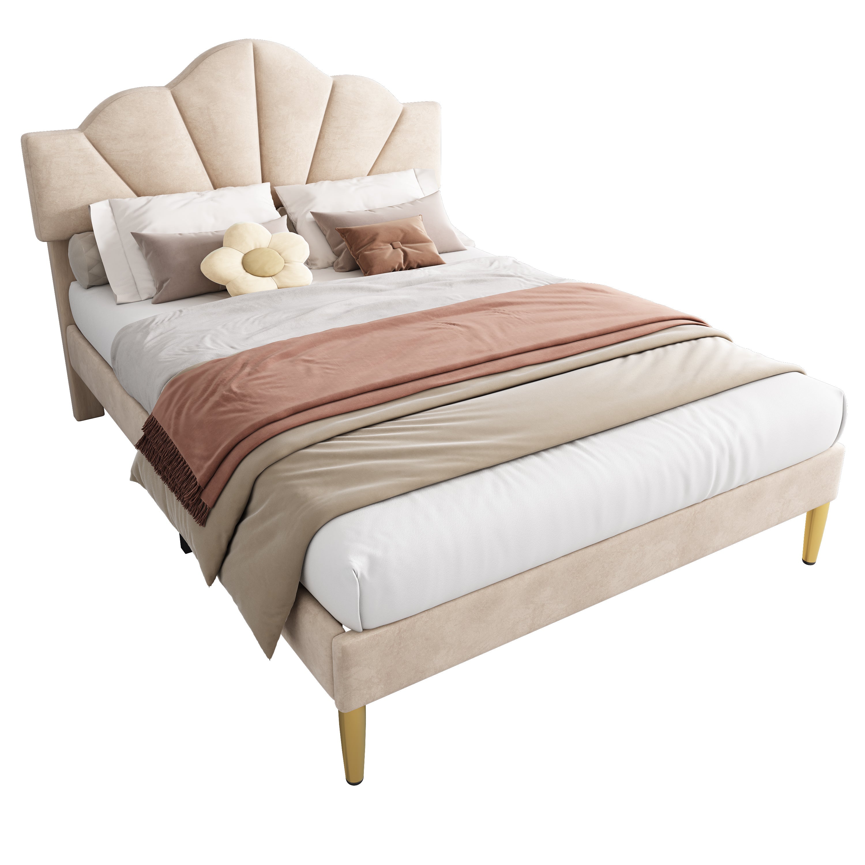 Shell-Shaped Upholstered Double Bed with Golden Legs and Slatted Base, 140x200 cm, Beige Velvet