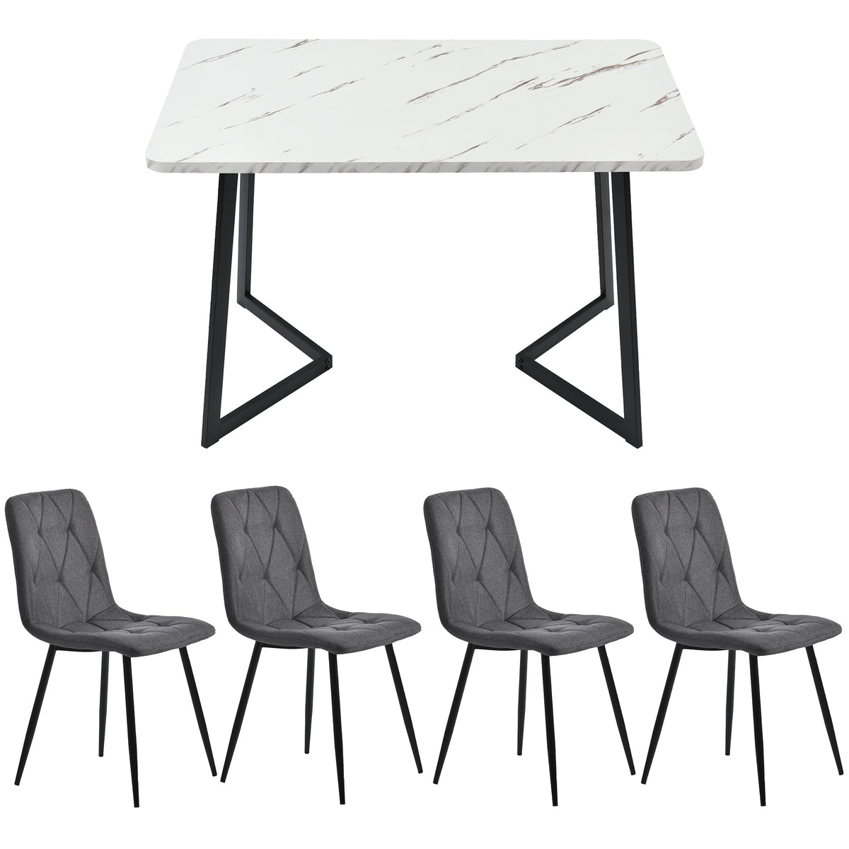 Dining Set 5-Piece Rectangular Table 117x68cm with 4 Chairs, Dark Grey Twill Linen Fabric and Black Metal Legs