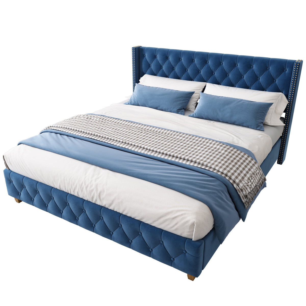 Upholstered Bed 160x200cm Button & Studded Headboard - Velvet Blue