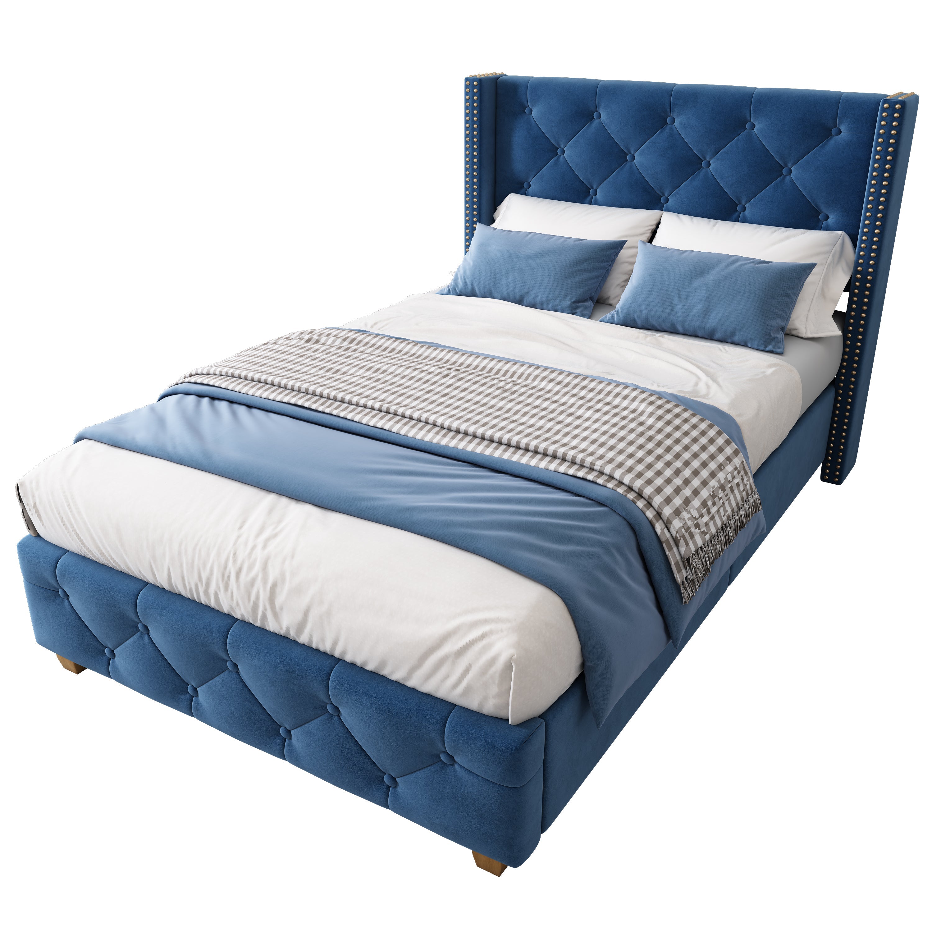 Upholstered Bed with Headboard and Slatted Frame, 90x200cm, Blue Velvet