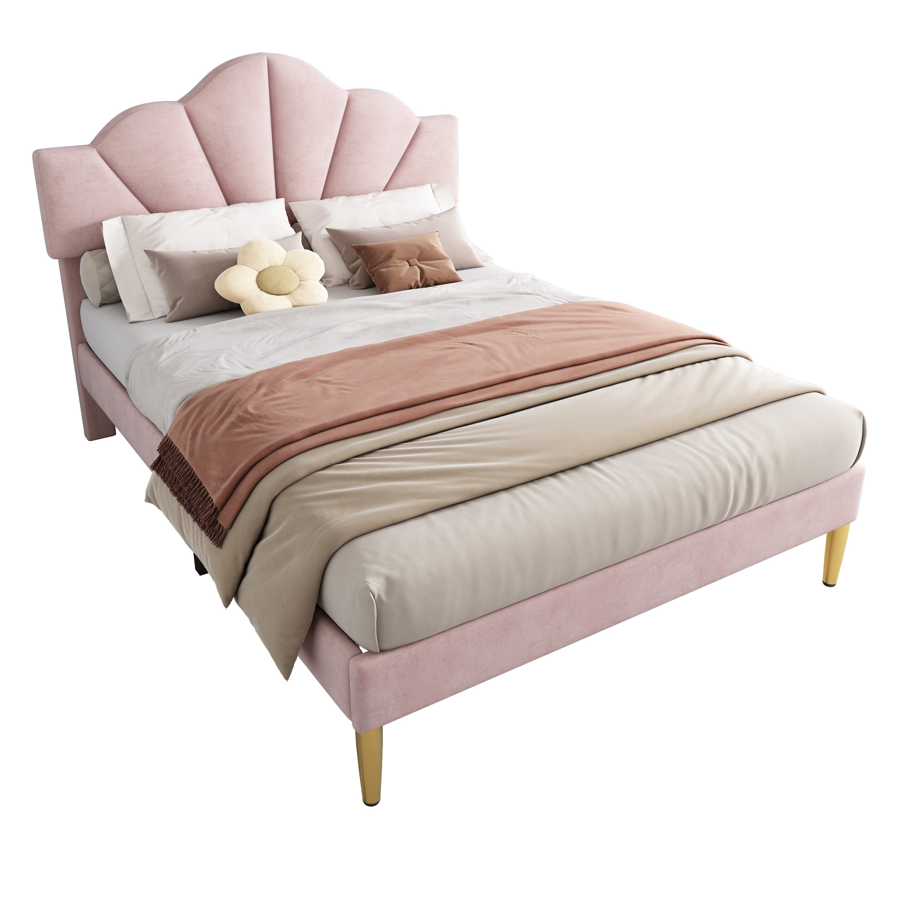 Upholstered Double Bed 140x190cm Shell Shape Adjustable Headboard Gold Legs - Velvet Pink
