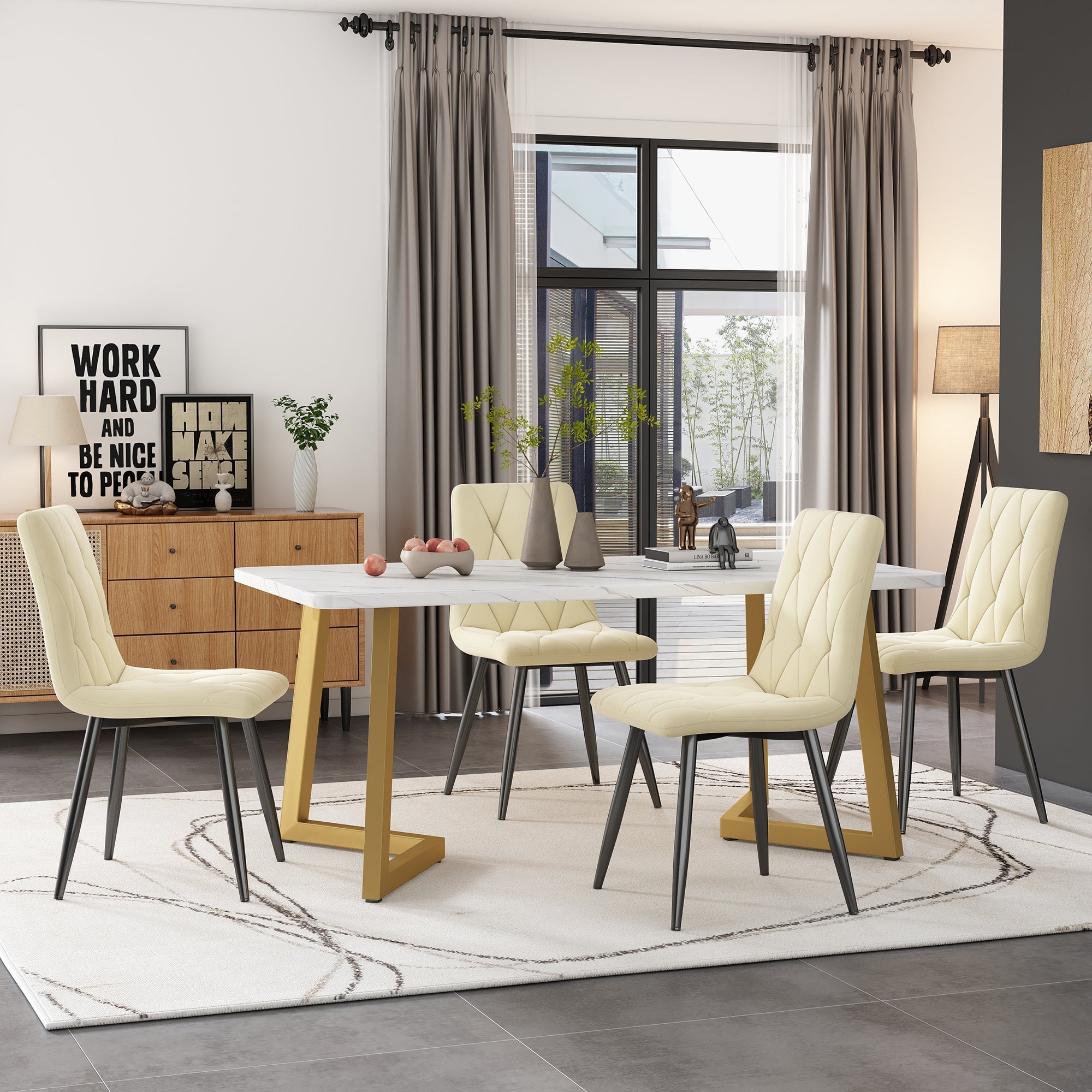 Dining Set 5-Piece Rectangular 117x68cm Table with 4 Chairs Beige Twill Velvet Gold Legs