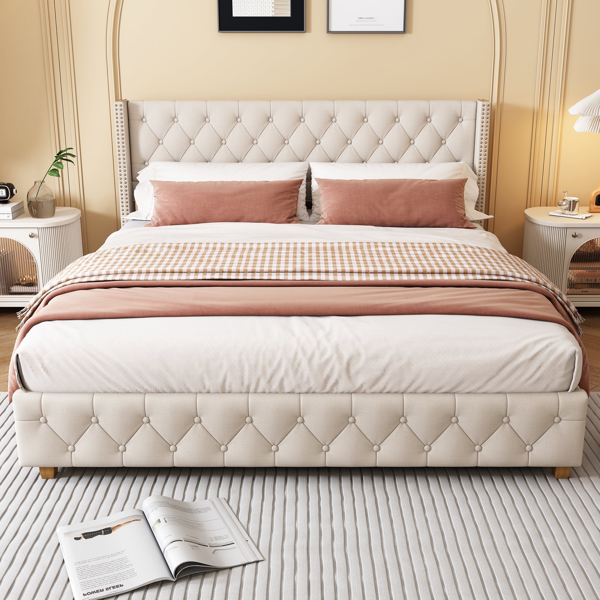 Upholstered Bed 180x200cm with Headboard, Button & Studded Upholstery, Linen Beige