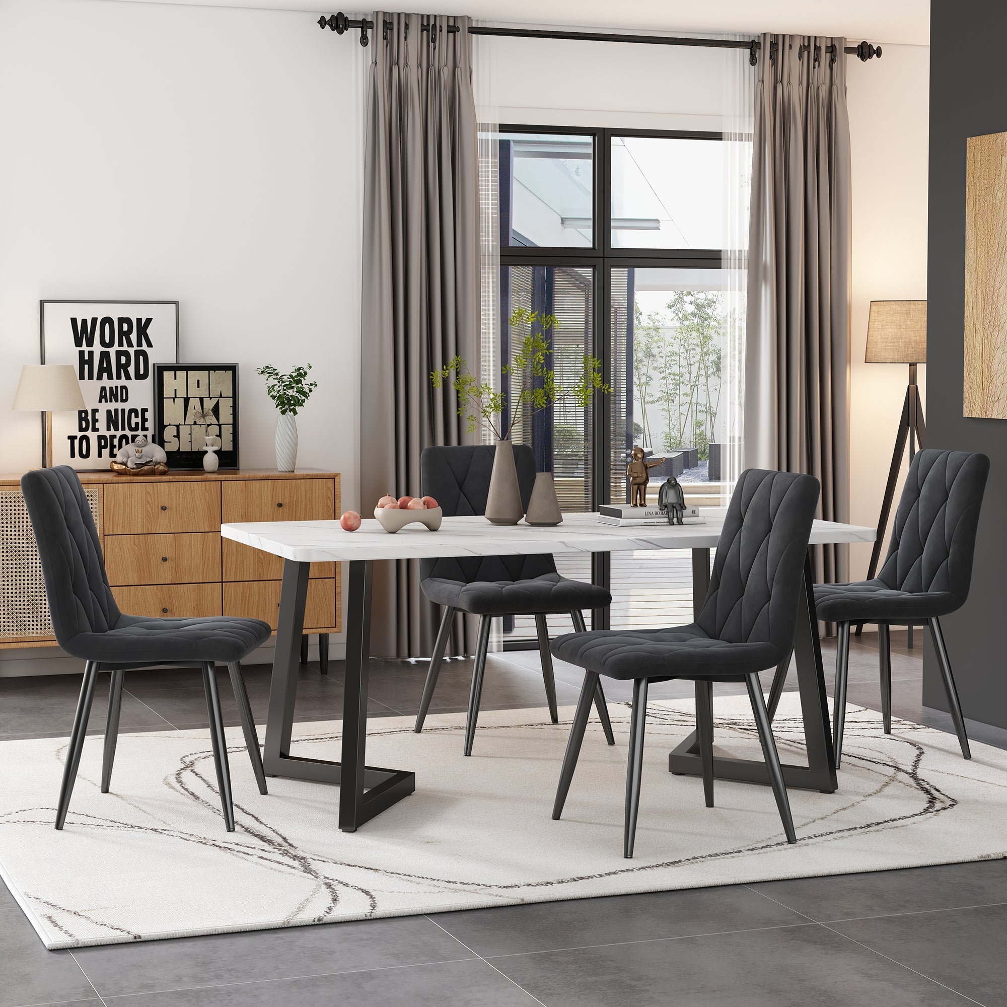 4 Dining Chairs Upholstered with Backrest Metal Legs Dark Grey Twill Velvet