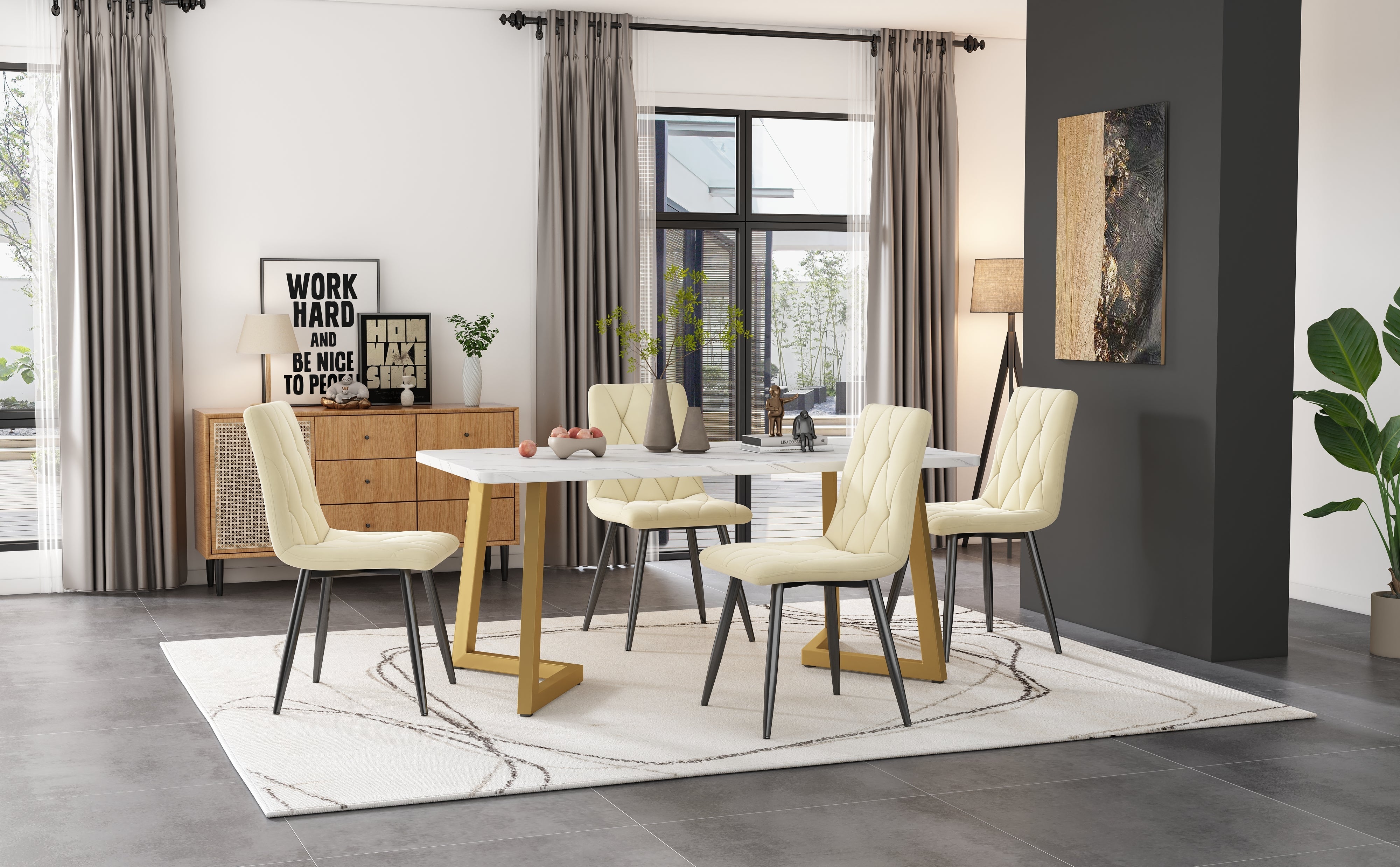 Dining Set 5-Piece Rectangular 117x68cm Table with 4 Chairs Beige Twill Velvet Gold Legs