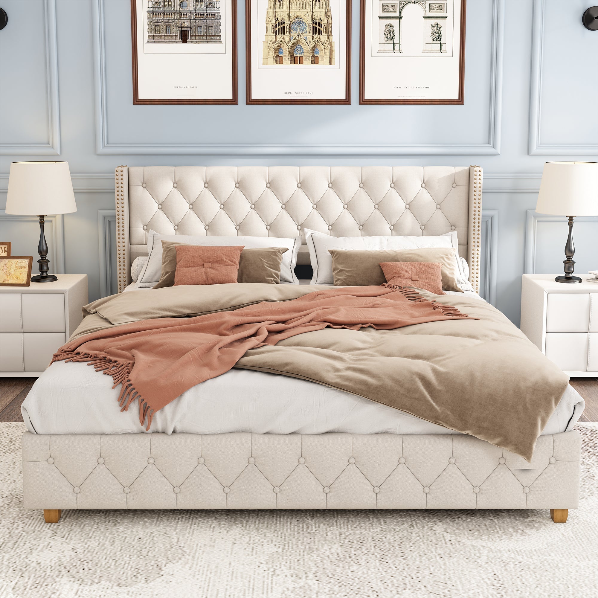 Upholstered Bed 140x190cm Slatted Base Headboard Button & Rivet Trim - Linen Beige