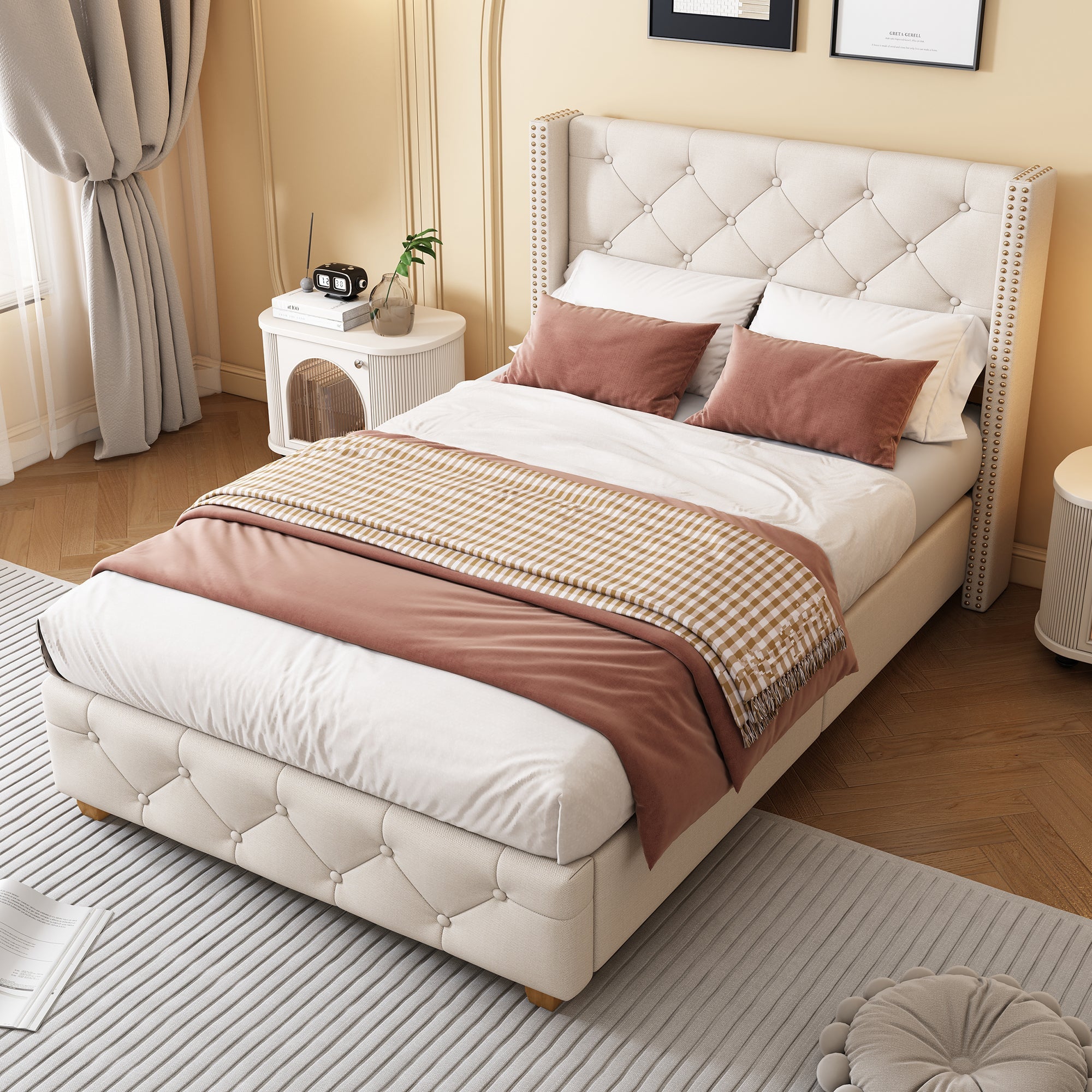Upholstered Bed with Slatted Frame and Headboard, 90x200cm, Beige Linen