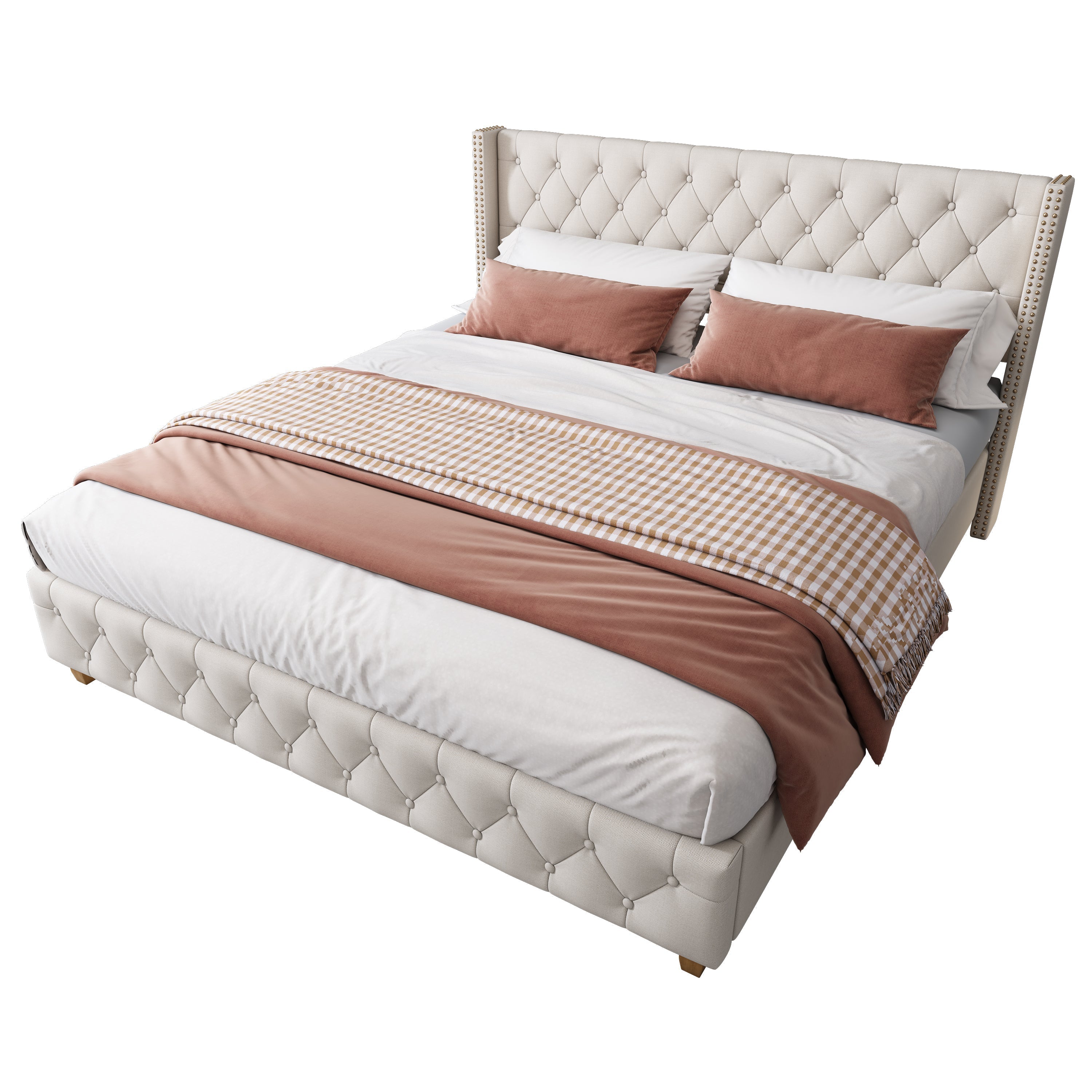 Upholstered Bed 140x190cm Slatted Base Headboard Button & Rivet Trim - Linen Beige