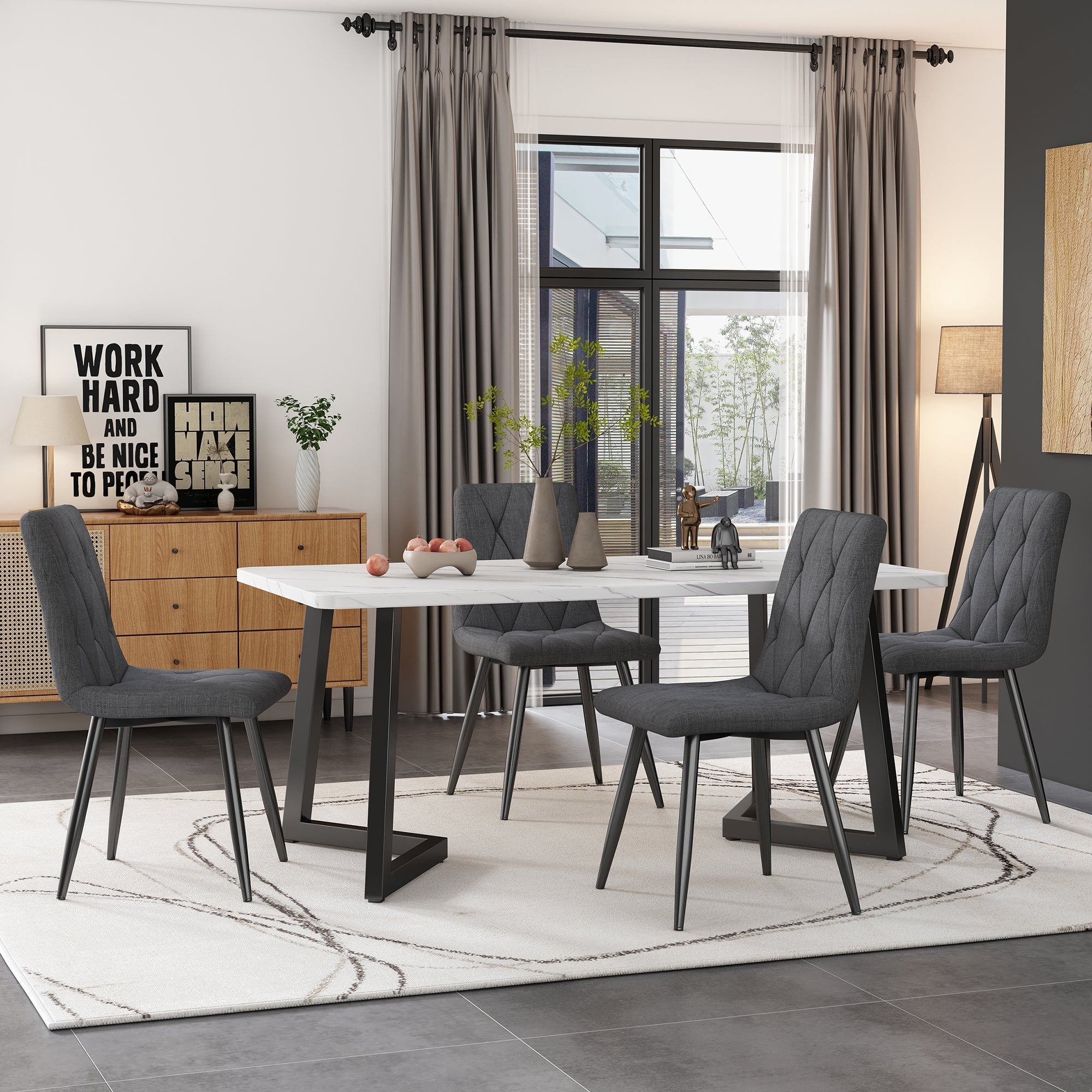 Dining Chairs Set of 4 Upholstered Designer with Backrest Twill Linen Metal Legs Dark Grey