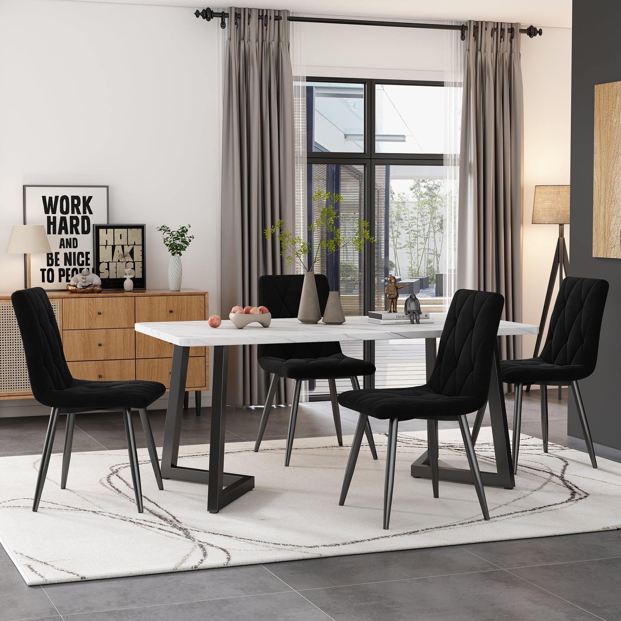 Dining Set 5-Piece 117x68cm Rectangular Table with 4 Chairs Black Twill Velvet Black Legs