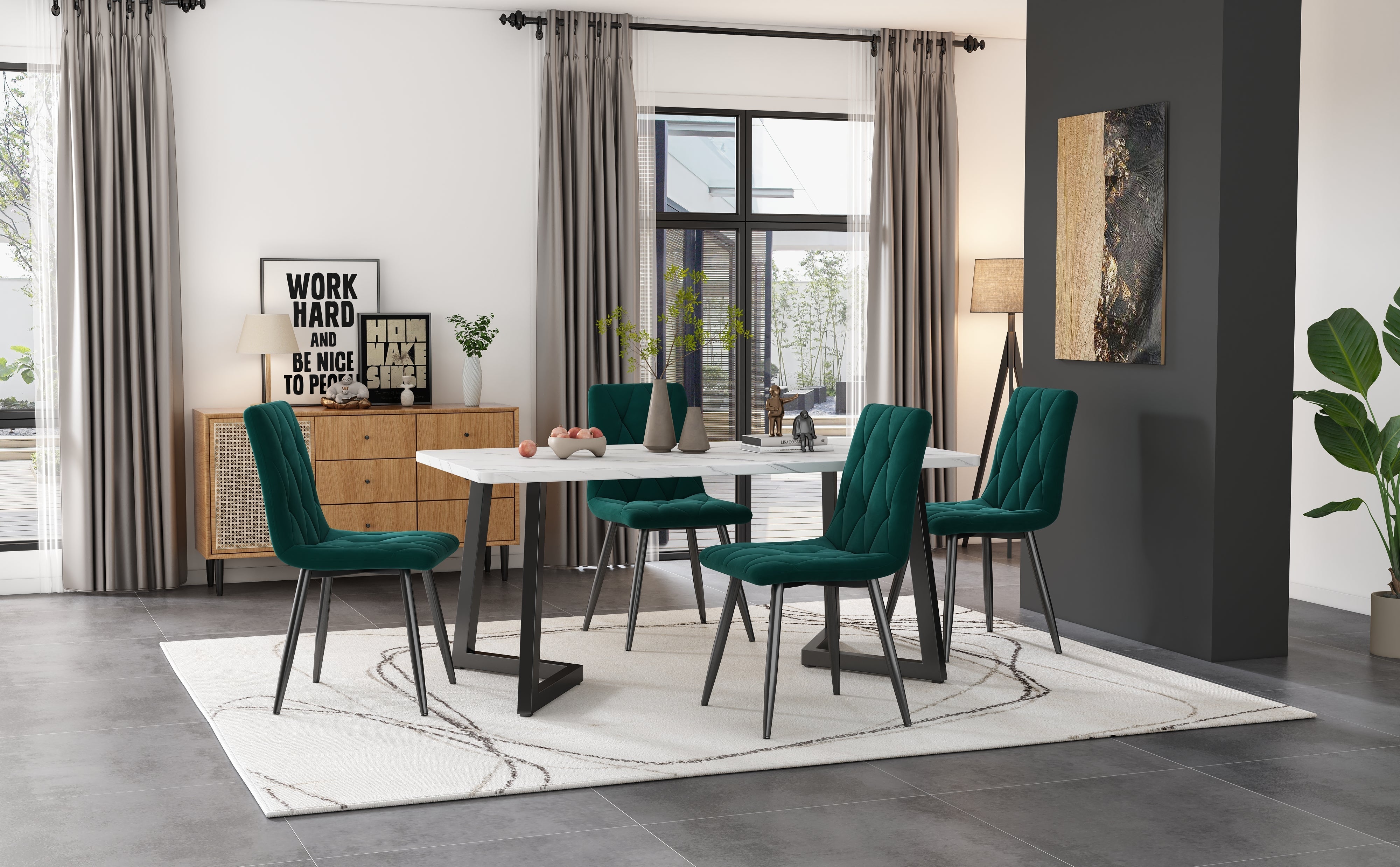 Set of 4 Dining Chairs Upholstered Designer Twill Velvet Dark Green