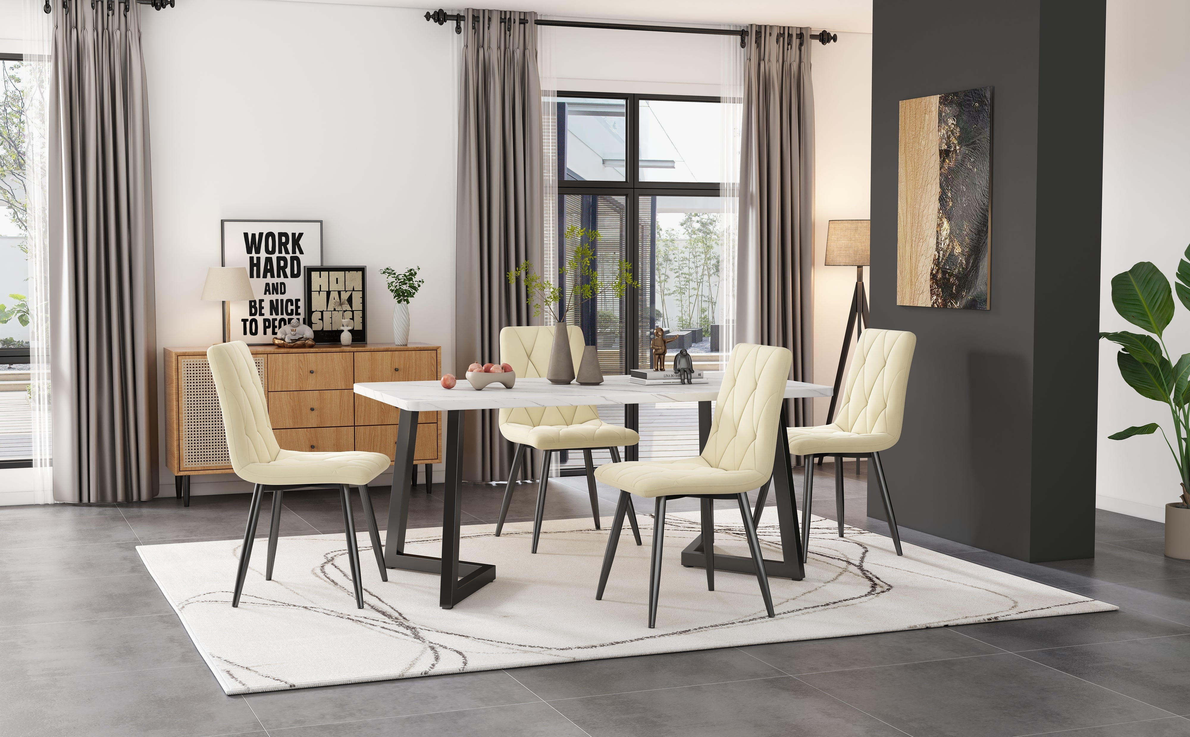 Dining Set 5-Piece 117x68cm Rectangular Kitchen Table Beige Twill Velvet/Black Legs