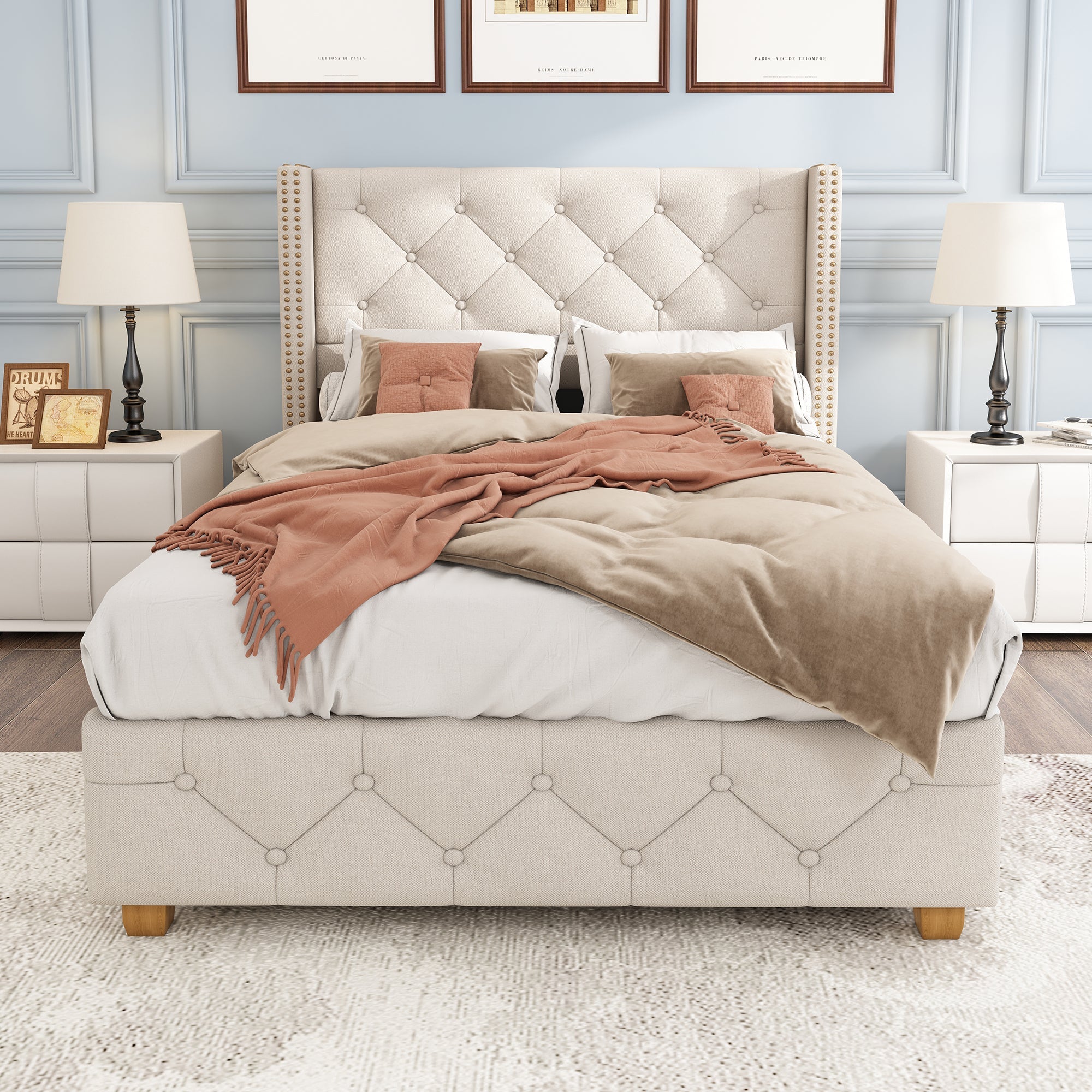 Upholstered Bed with Slatted Frame and Headboard, 90x200cm, Beige Linen