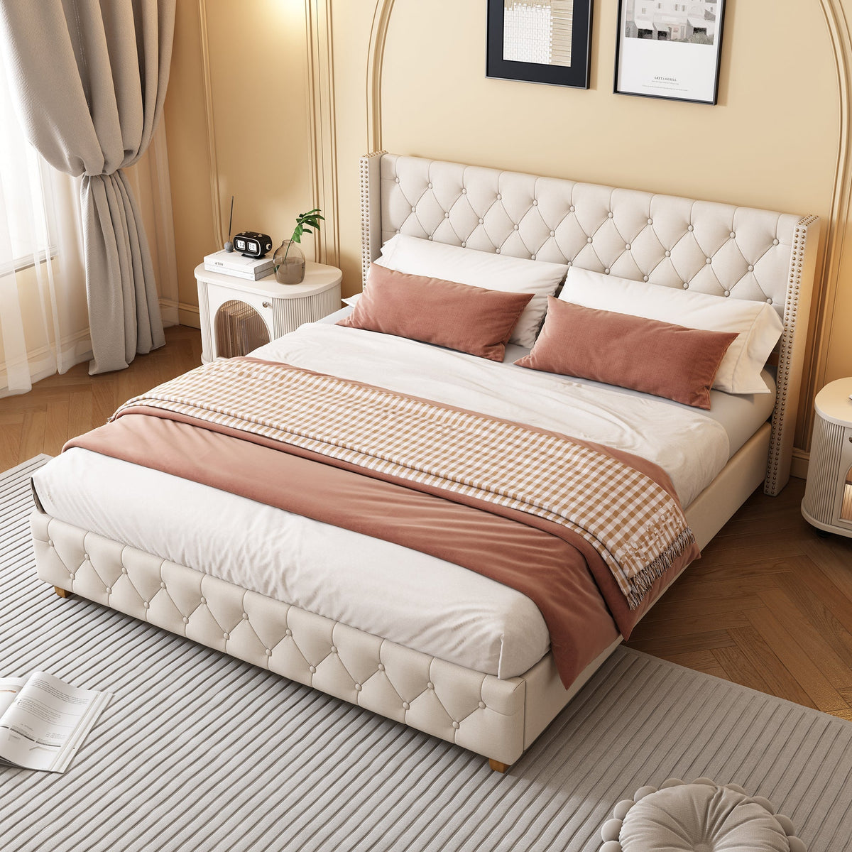 Upholstered Bed 160x200cm Button Studded Headboard Slatted Frame - Linen Beige
