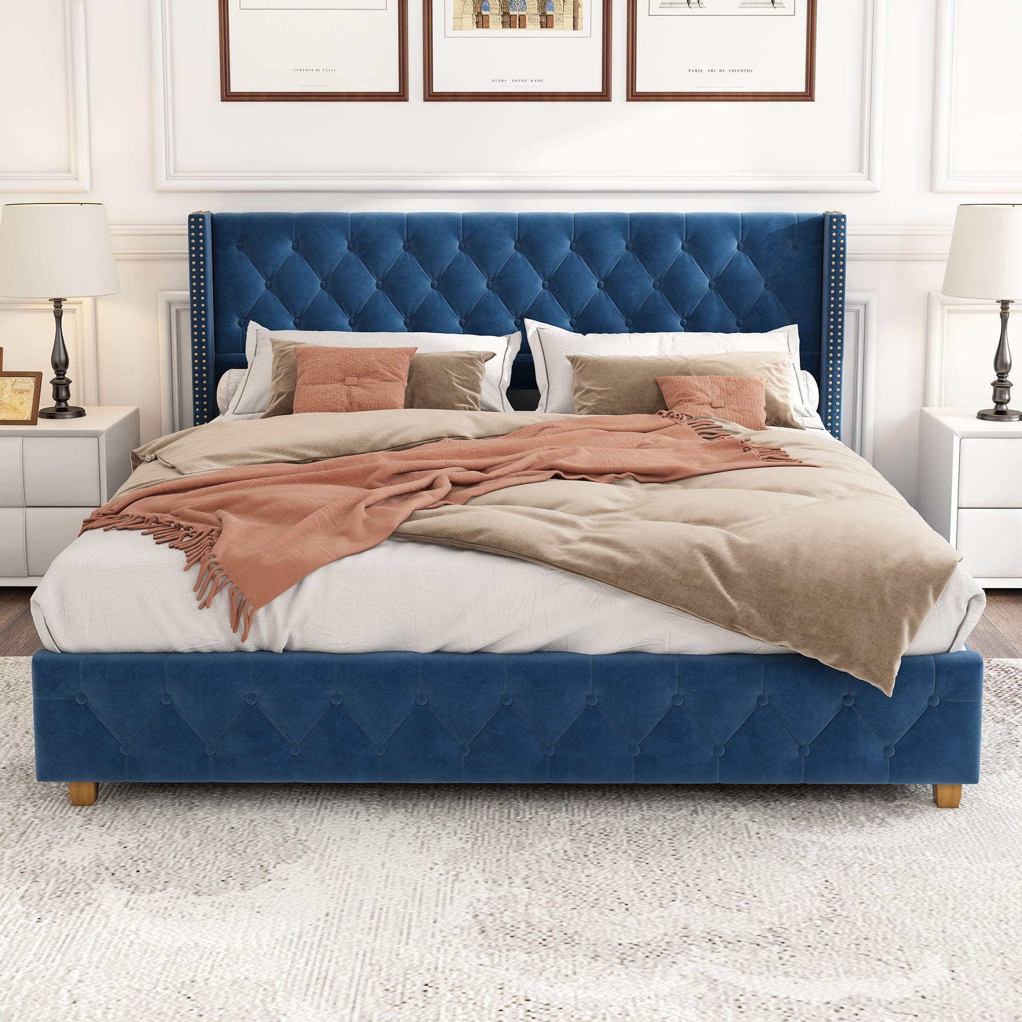 Upholstered Bed 160x200cm Button & Studded Headboard - Velvet Blue