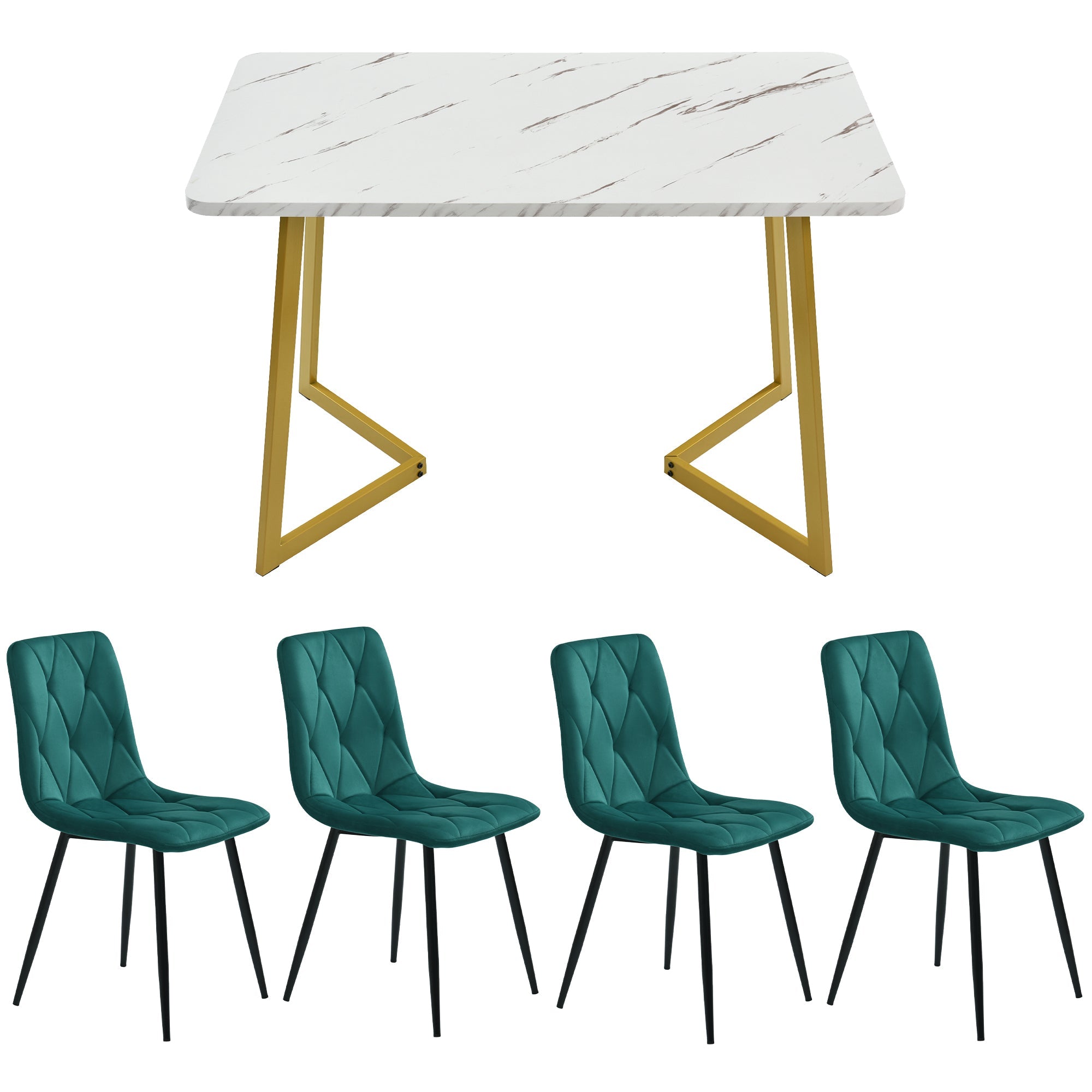 Dining Set 5-Piece Rectangular Table 117x68cm 4 Chairs Dark Green Twill Velvet Gold Legs