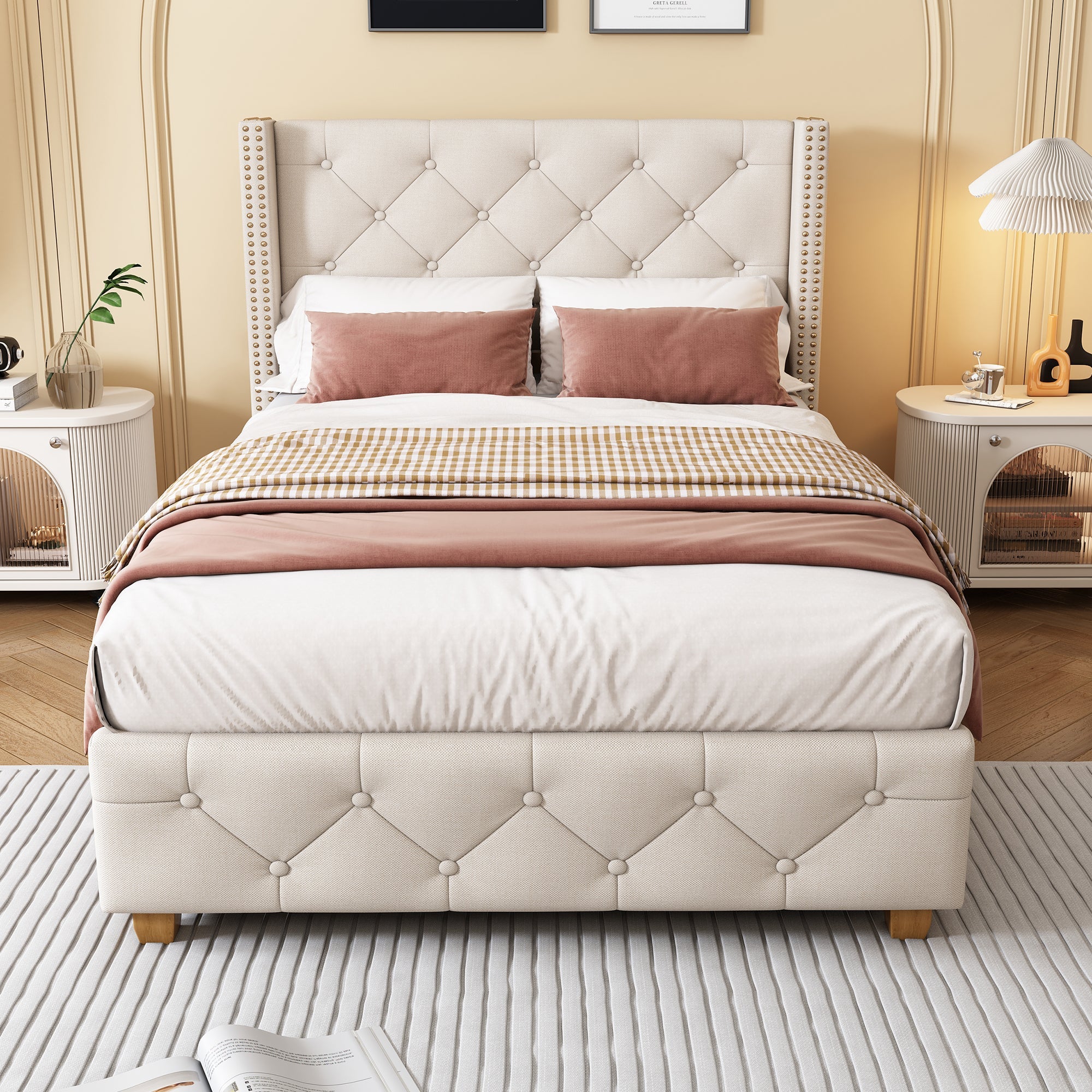 Upholstered Bed with Slatted Frame and Headboard, 90x200cm, Beige Linen