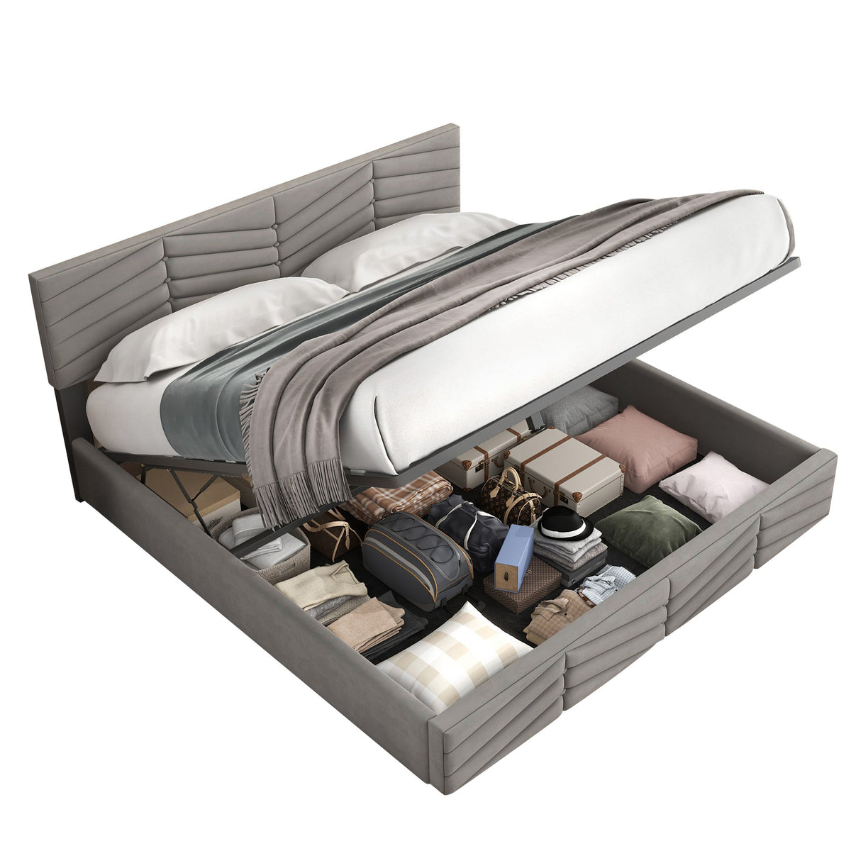 Upholstered Double Bed 160x200cm Hydraulic Lift Striped Height-Adjustable Headboard Velvet Grey
