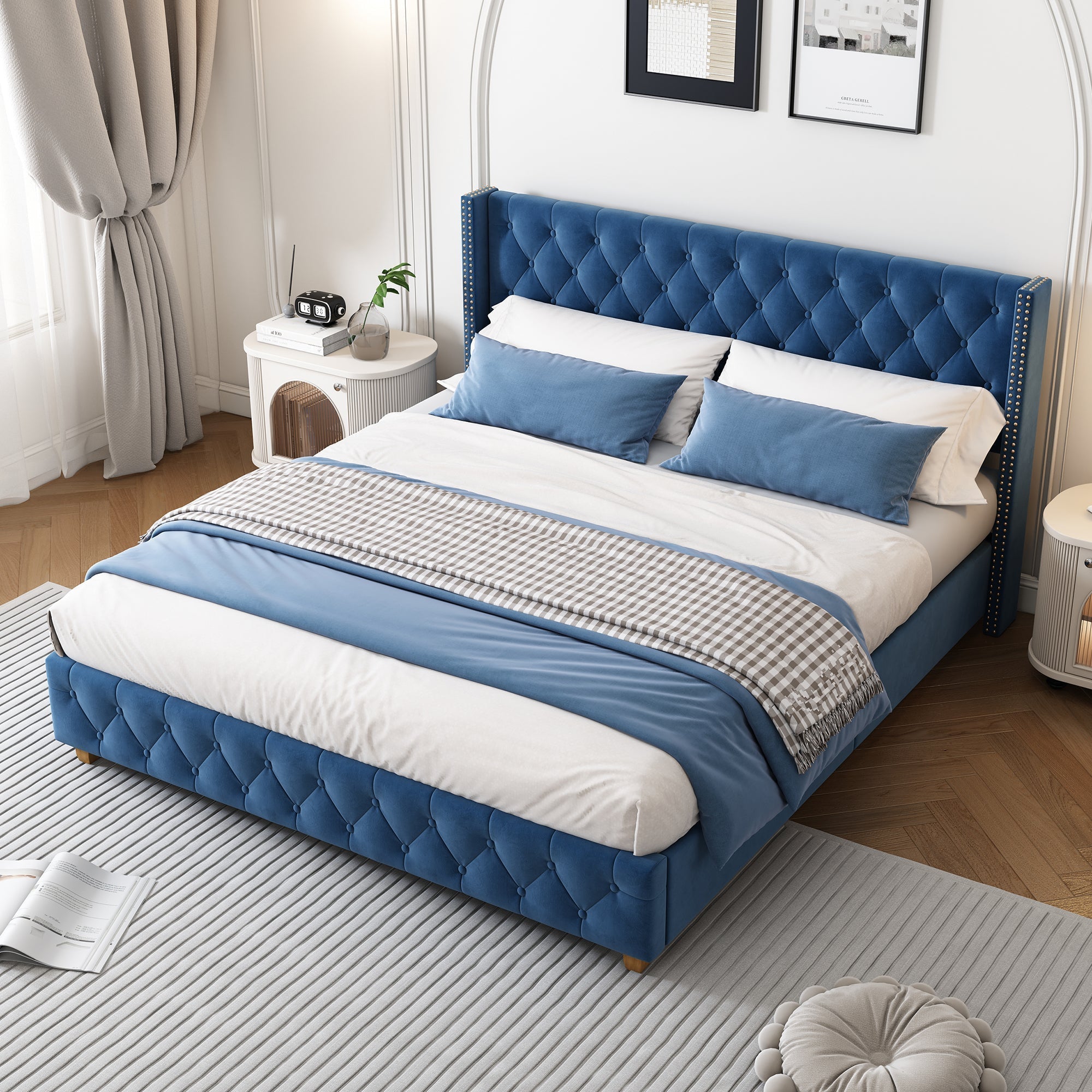 Upholstered Bed 160x200cm Button & Studded Headboard - Velvet Blue