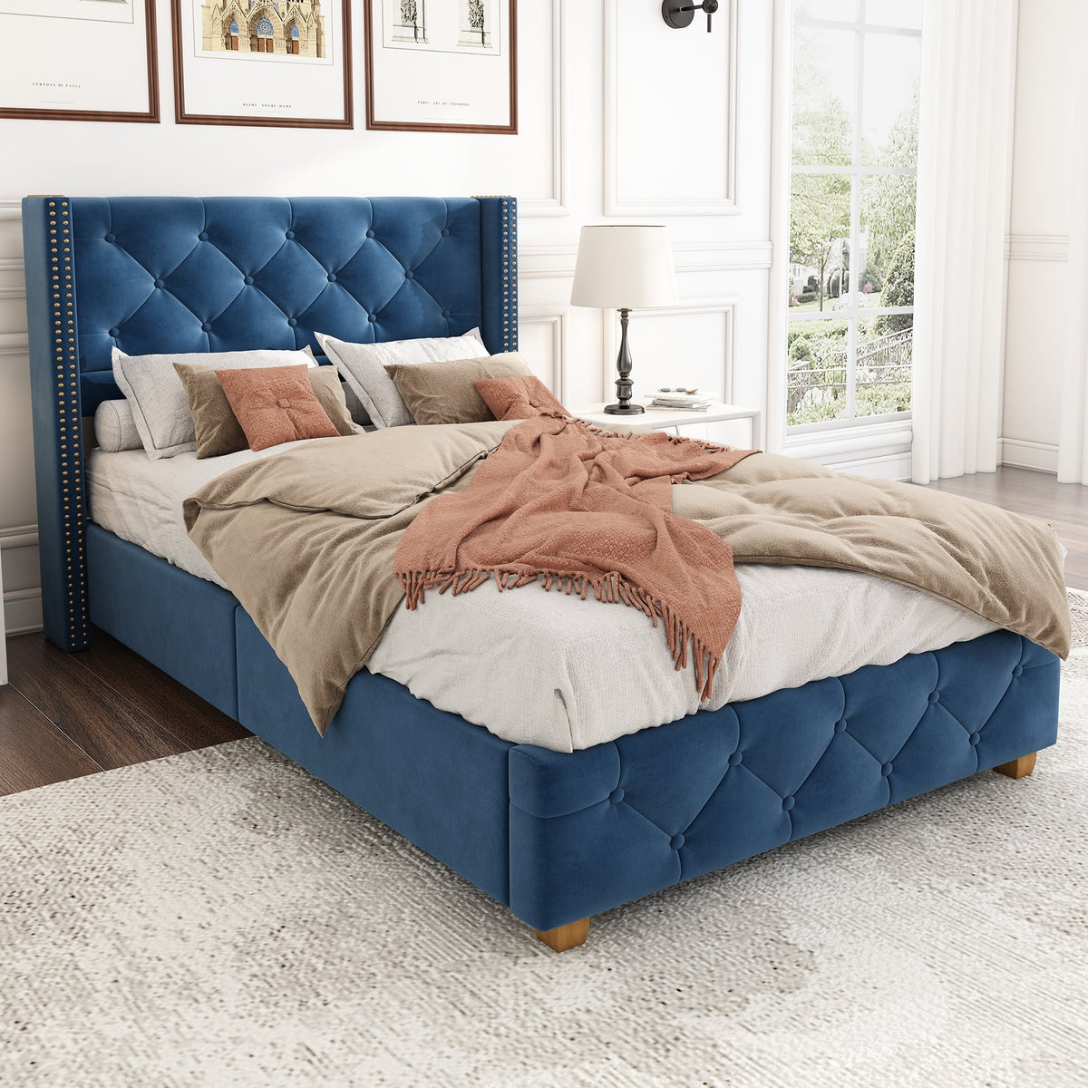 Upholstered Bed 90x200cm Slatted Frame Headboard Button Studded Upholstery Velvet Blue