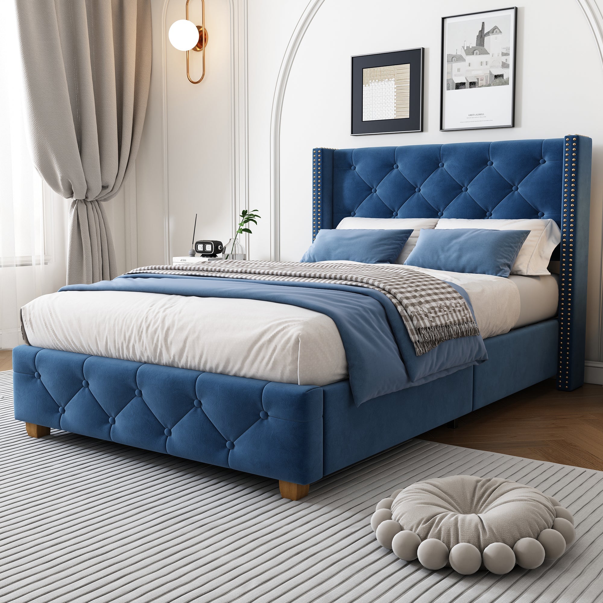 Upholstered Bed with Headboard and Slatted Frame, 90x200cm, Blue Velvet