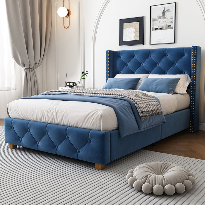 Upholstered Bed with Headboard and Slatted Frame, 90x200cm, Blue Velvet