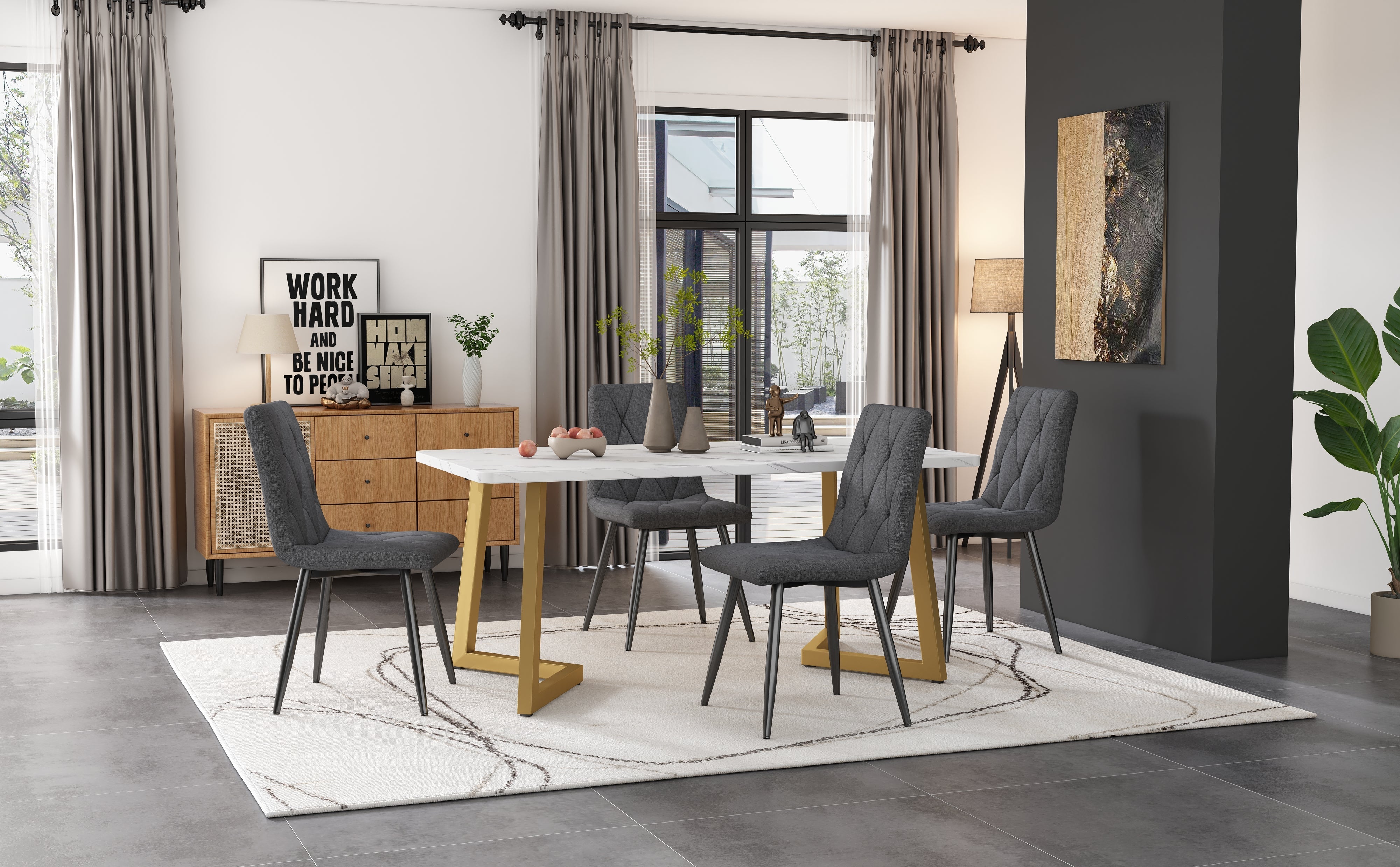 Dining Set 5-Piece 117x68cm Rectangular Table 4 Chairs Dark Grey Twill Linen Golden Legs