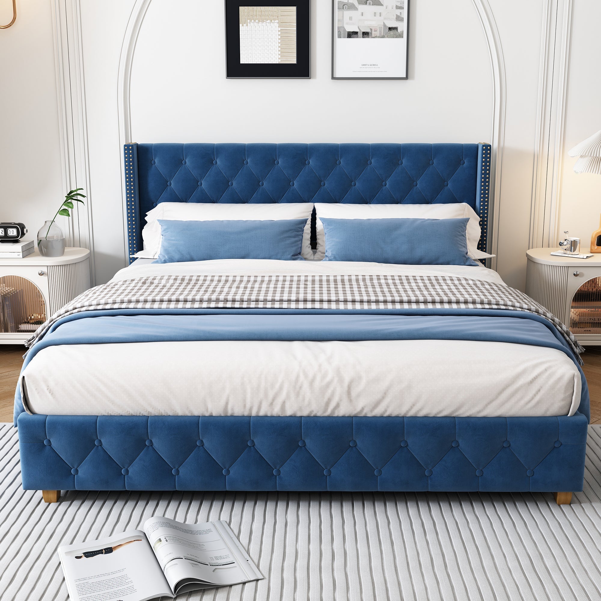 Upholstered Bed 160x200cm Button & Studded Headboard - Velvet Blue