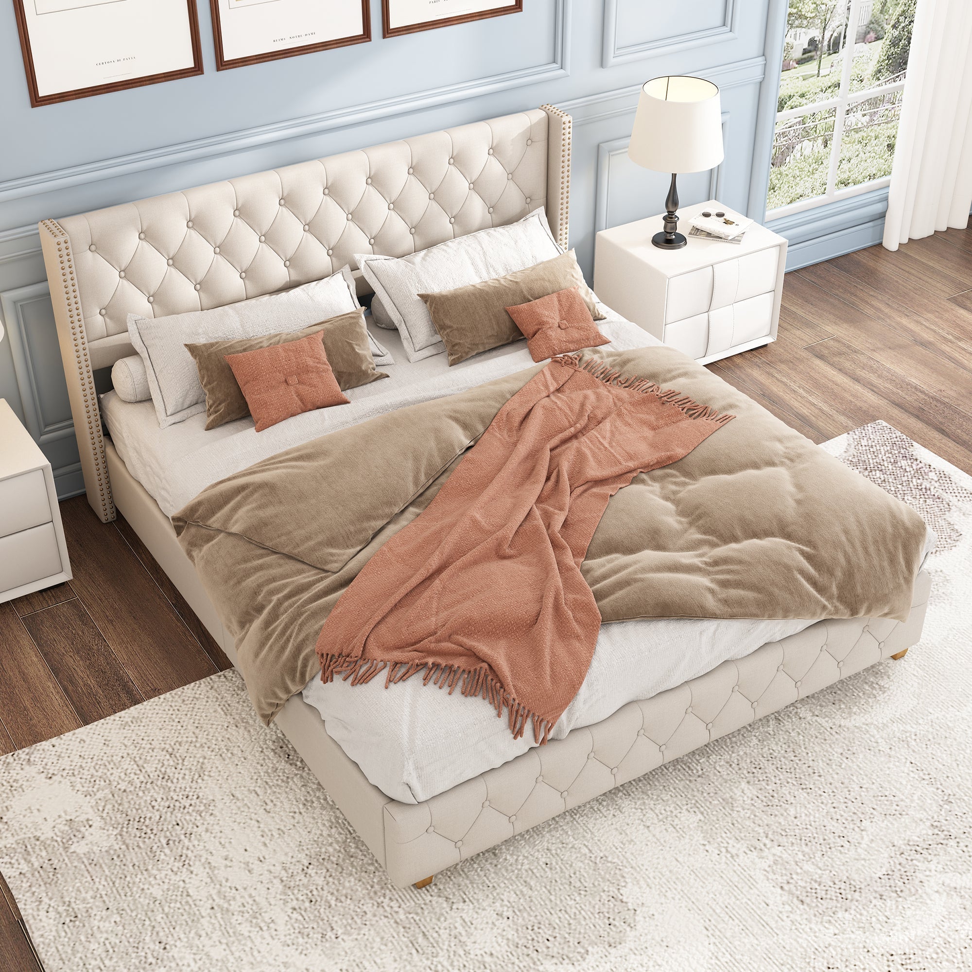 Upholstered Bed 140x190cm Slatted Base Headboard Button & Rivet Trim - Linen Beige