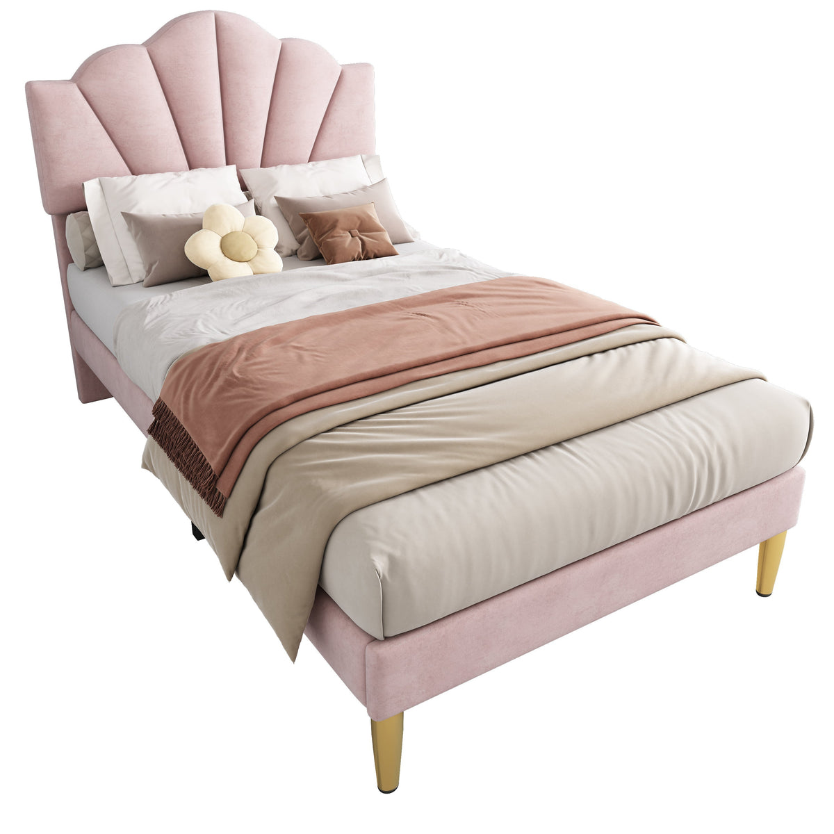 Velvet Upholstered Bed 90x200cm Shell Adjustable Headboard Golden Legs - Pink