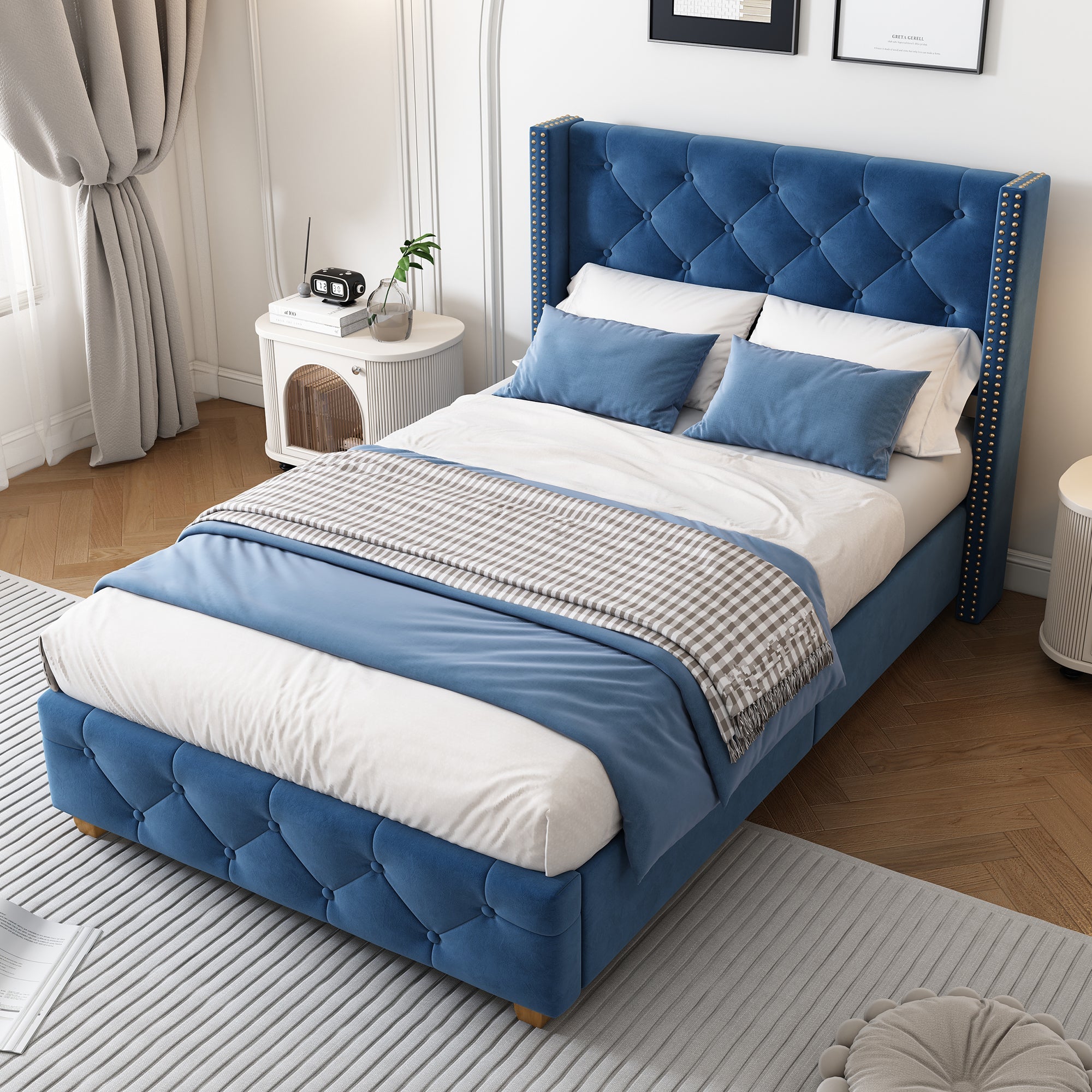 Upholstered Bed with Headboard and Slatted Frame, 90x200cm, Blue Velvet