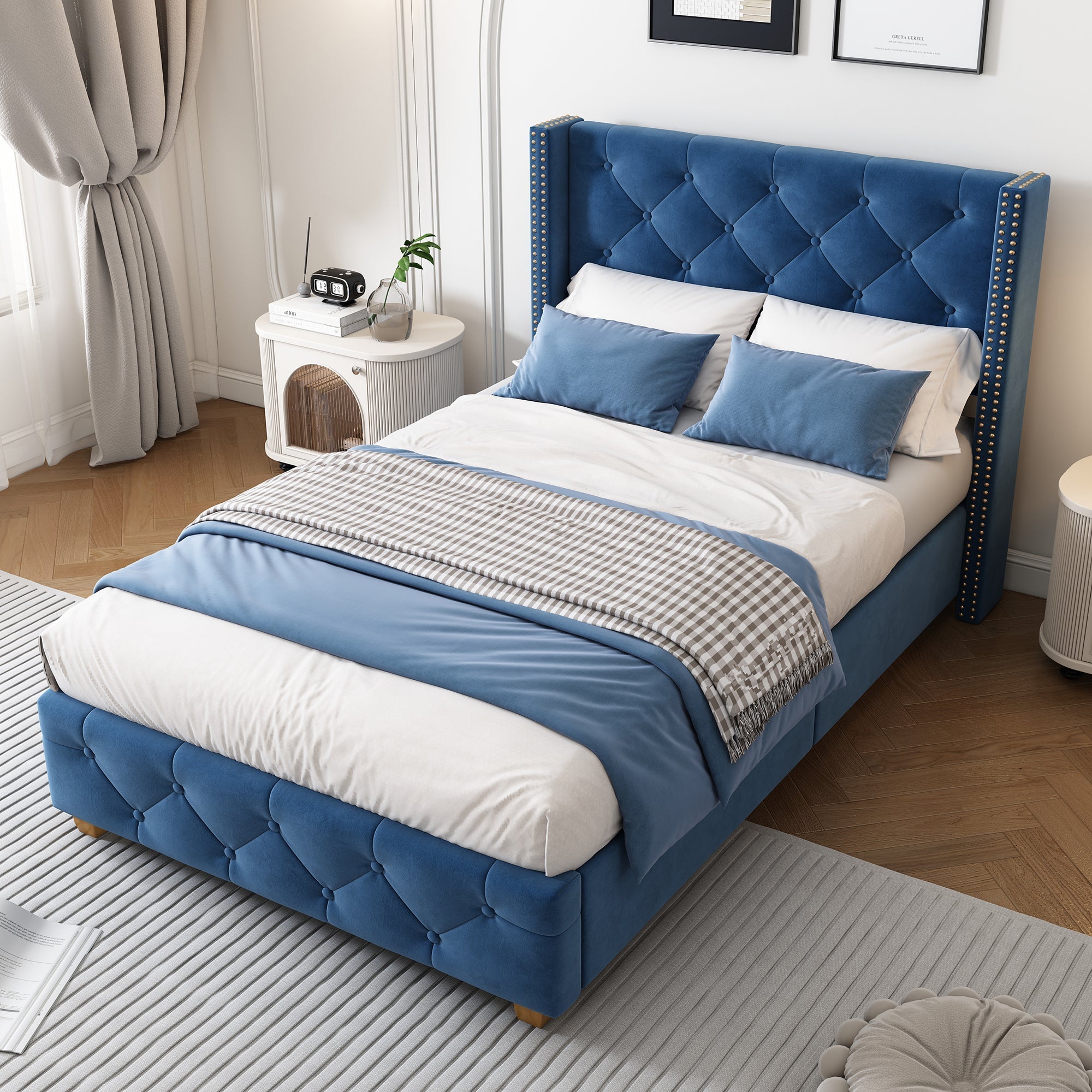 Upholstered Bed 90x200cm Slatted Frame Headboard Button Studded Upholstery Velvet Blue