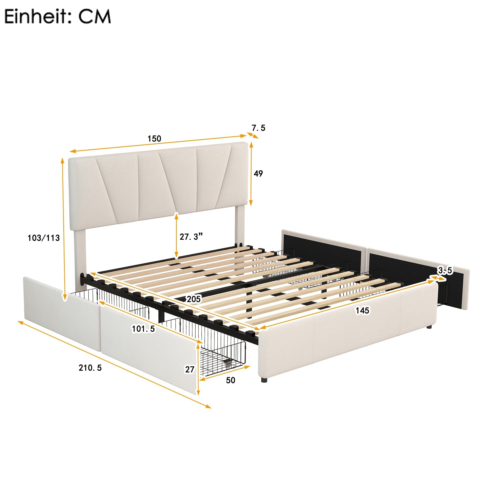 Upholstered Platform Bed Double 140x200cm with 4 Drawers Adjustable Headboard Beige