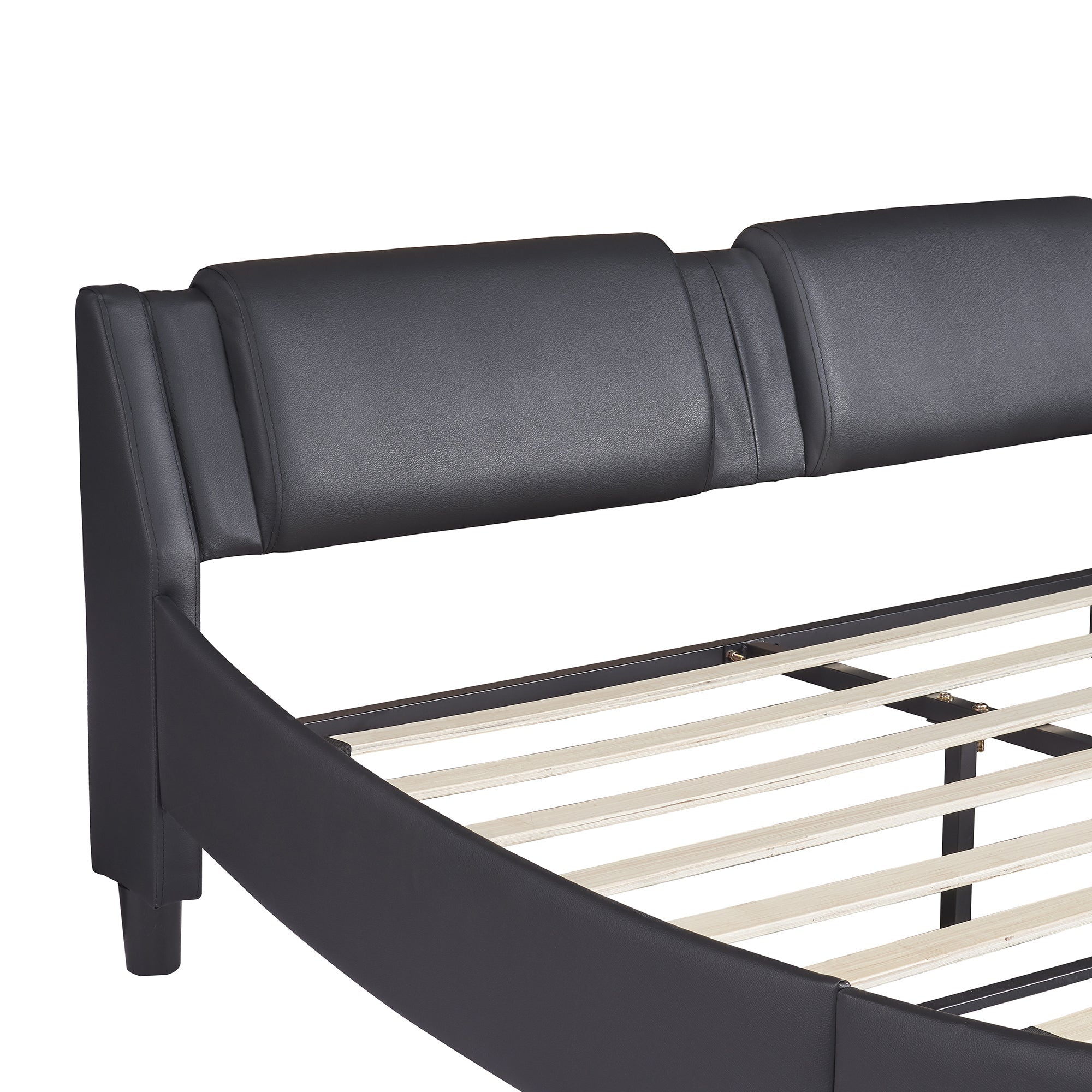 Upholstered Bed, 140x200cm, LED Light Faux Leather, Black