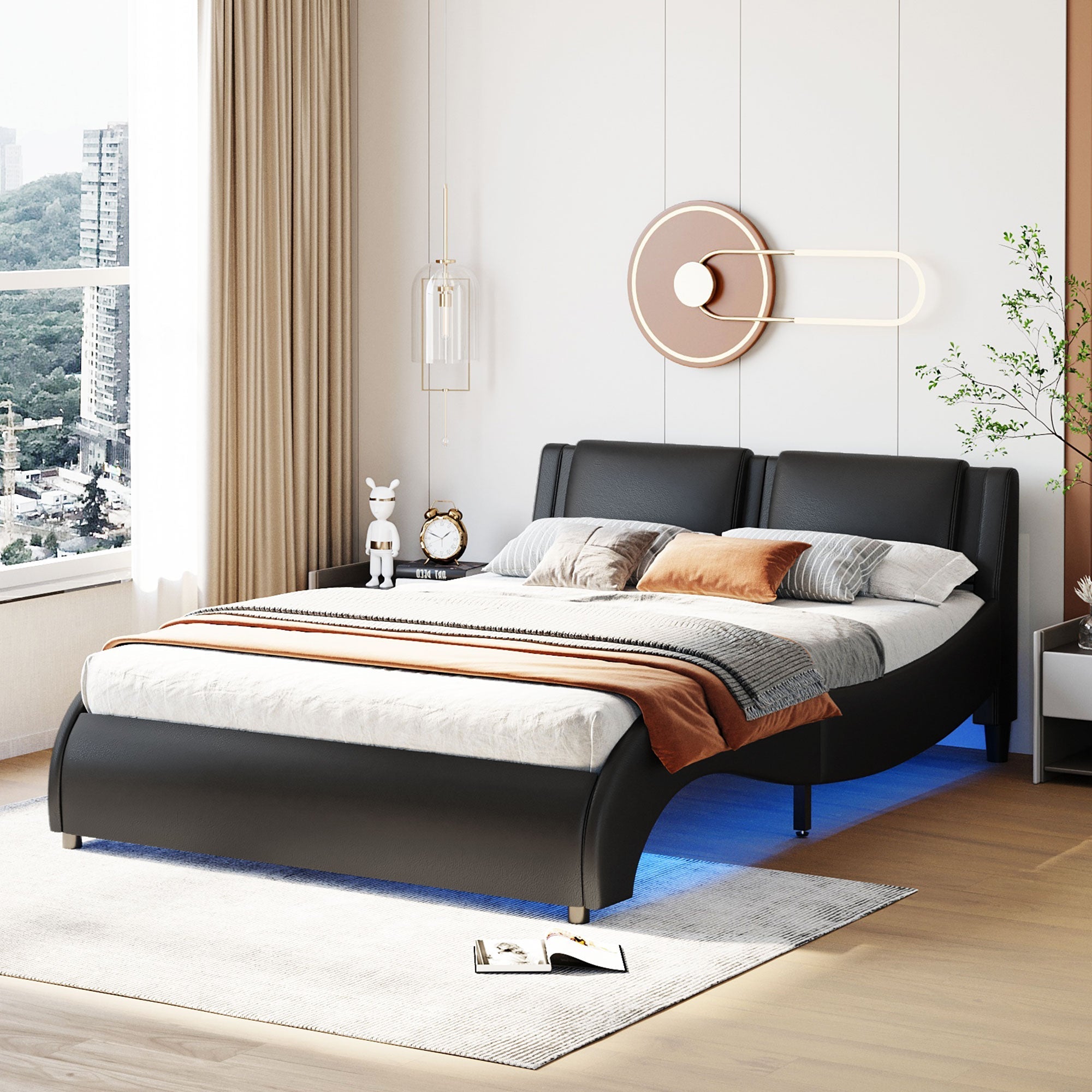 Upholstered Bed, 140x200cm, LED Light Faux Leather, Black
